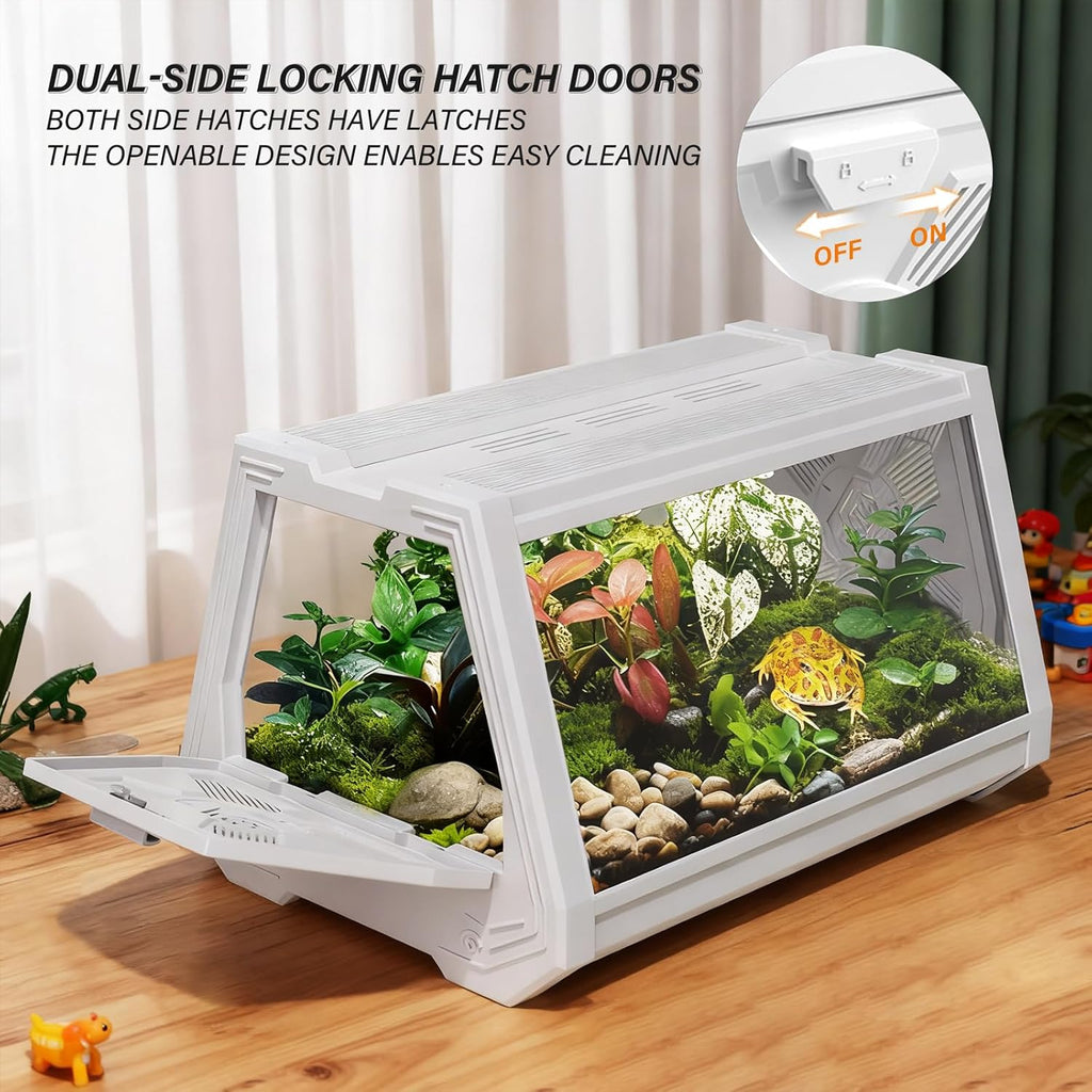 Smart Lighting Reptile Terrarium with Timer & Dual-Mode LED/UVB - Adjustable Brightness All-in-One Habitat, Wide View Escape-Proof Dual Doors for Gecko, Frog, Tarantula, Snake or Insects