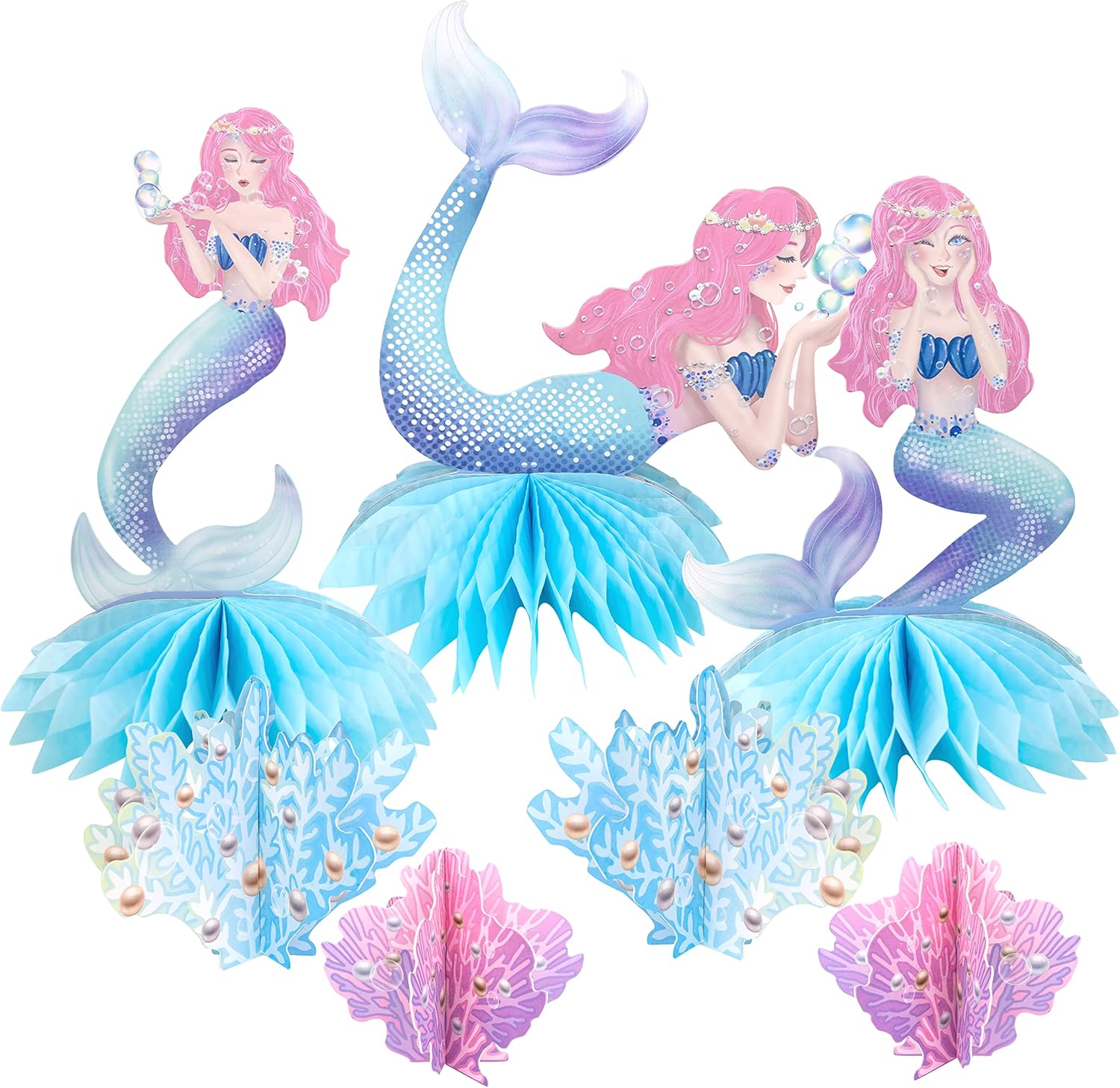 Decor365 Pink Blue Mermaid Centerpiece Under The Sea Table Decorations Girls Birthday Decor Ocean Coral Little Mermaid Theme Bday Tea Party Supplies