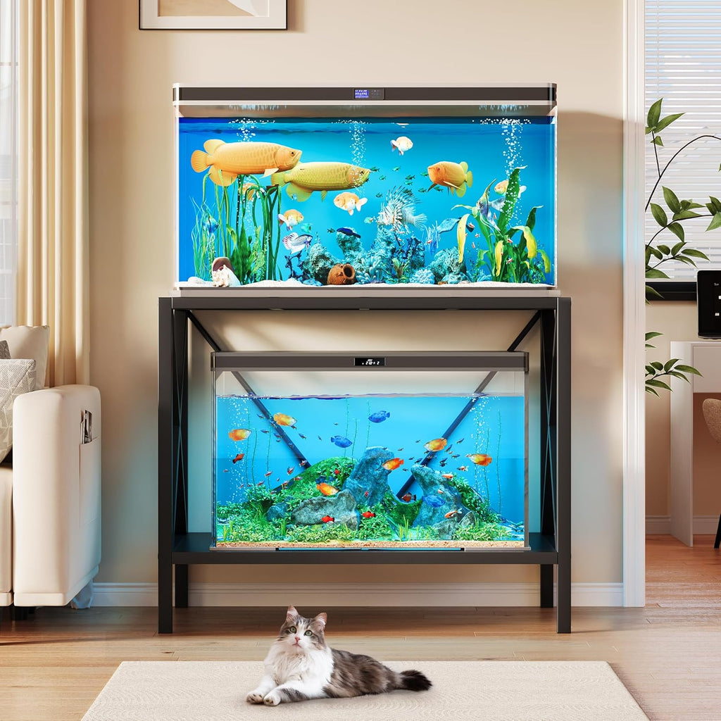 DWVO 10-40 Gallon Fish Tank Stand, Aquarium Stand with 2-Tier Storage Shelf, Heavy Duty Reptile Breeder Turtle Tank Terrarium Rack Table for Home Office, Black, X-Shape