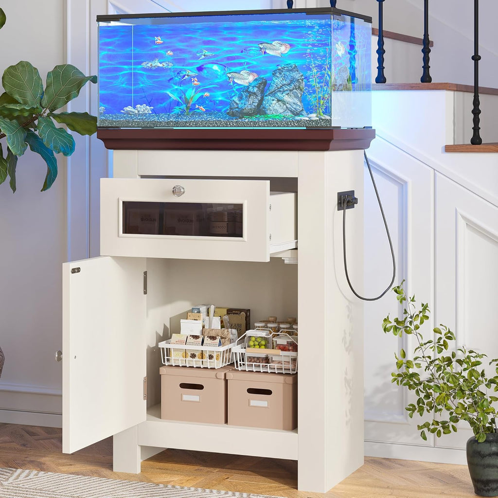 20 Gallon Fish Tank Stand with Power Outlets, Farmhouse Wood Aquarium Stand Furniture with Storage Cabinet and Adjustable Shelves, Reptile Turtle Tank, Beige