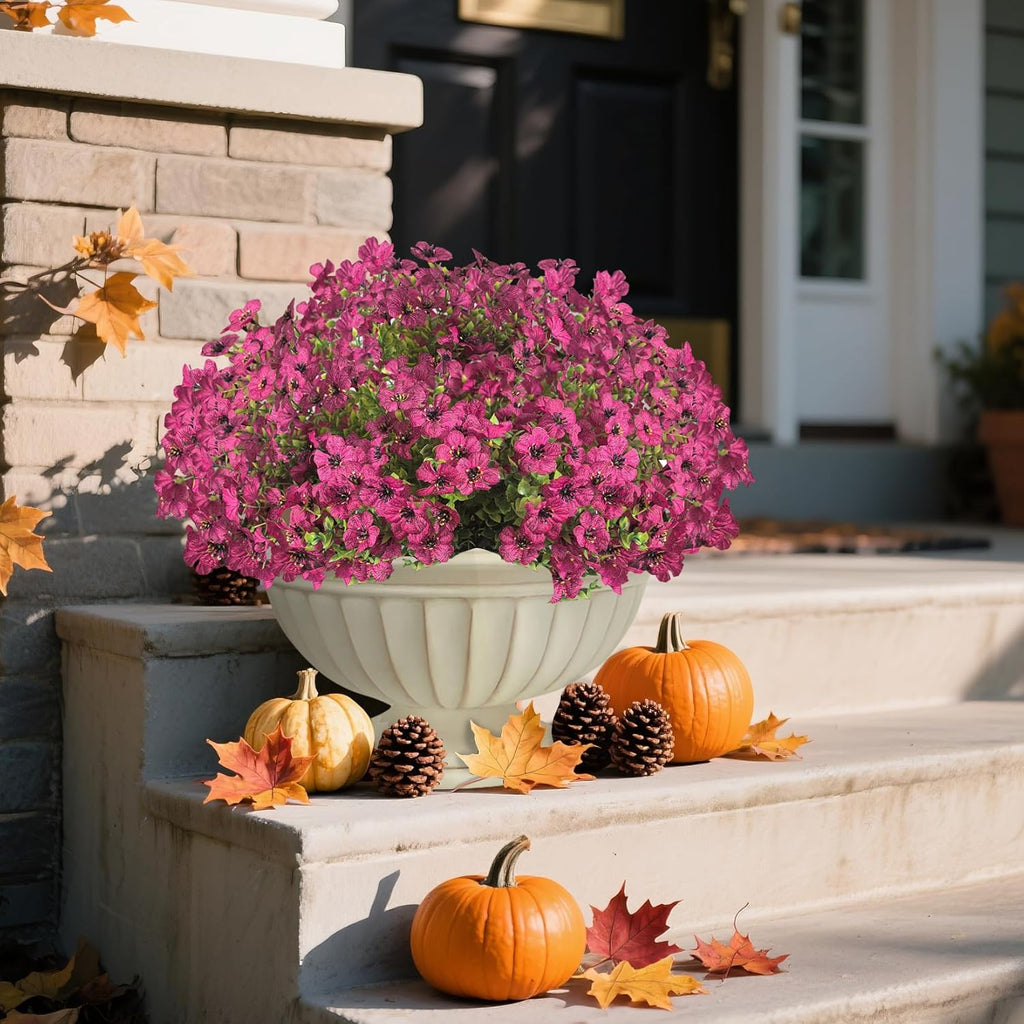 Artificial Fall Flowers Faux Mums for Outdoor Indoor Garden Home Decoration, Faux Flower Daisy with Eucalyptus Leaves Fake Mums Plants Greenery Boxwood Porch Patio, 12 Bundles