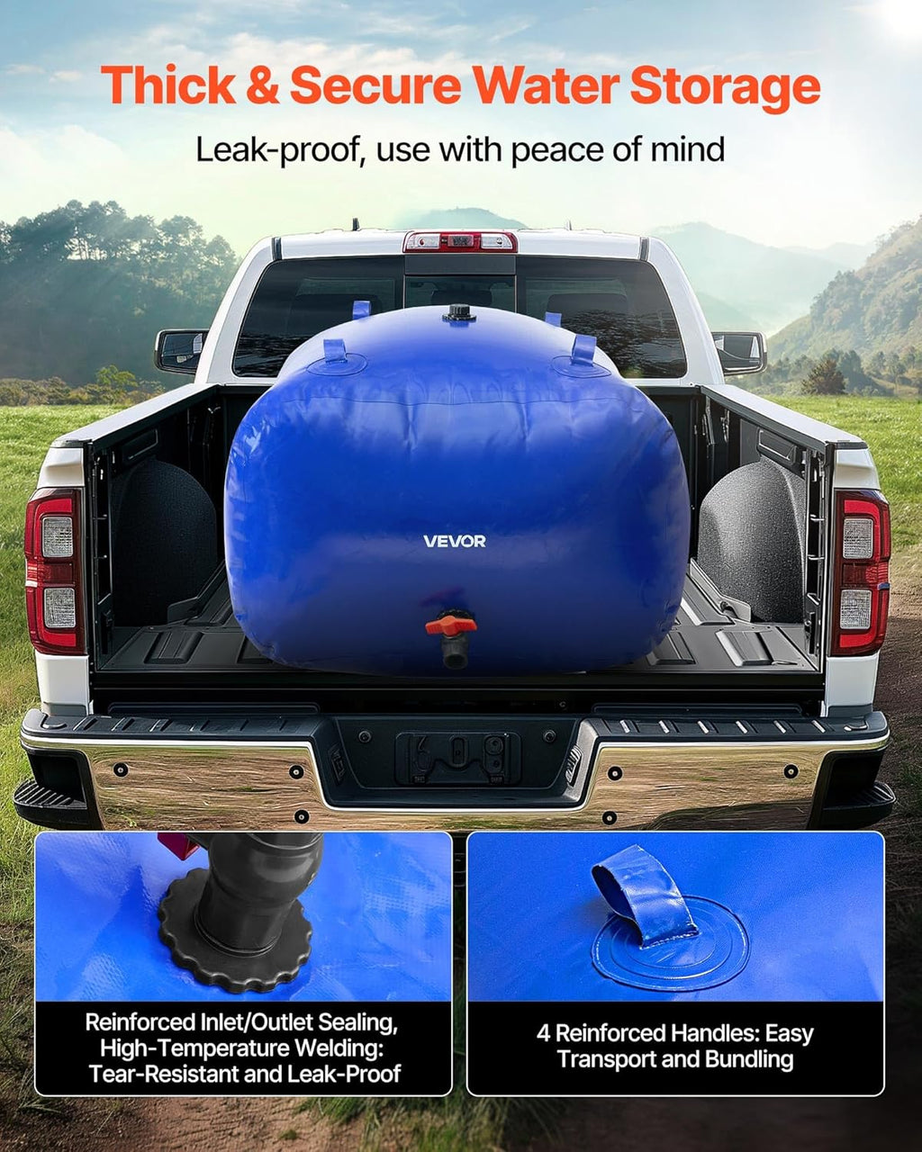 VEVOR Water Storage Bladder, 400L/105.7Gallon Water Storage Container Tank, 1000D PVC Large Capacity Soft Bag Bladder, Foldable Portable for Garden Irrigation, Camping, RV, Fire Prevention - Blue