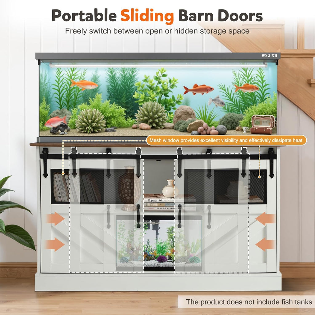 Fish Tank Stand with Power Outlet, Aquarium Stand w/Sliding Barn Doors, 55-75 Gallon Fish Tank Stand w/Cabinet for Accessories Storage for 2 Fish Turtle Tank Reptile Terrarium, 1000 LBS (White)