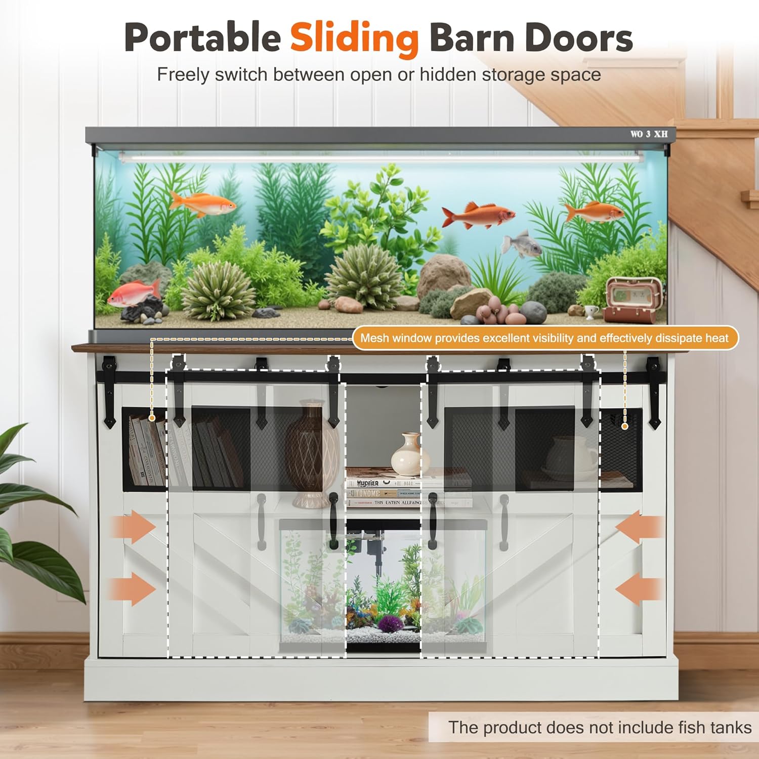 Fish Tank Stand with Power Outlet, Aquarium Stand w/Sliding Barn Doors, 55-75 Gallon Fish Tank Stand w/Cabinet for Accessories Storage for 2 Fish Turtle Tank Reptile Terrarium, 1000 LBS (White)