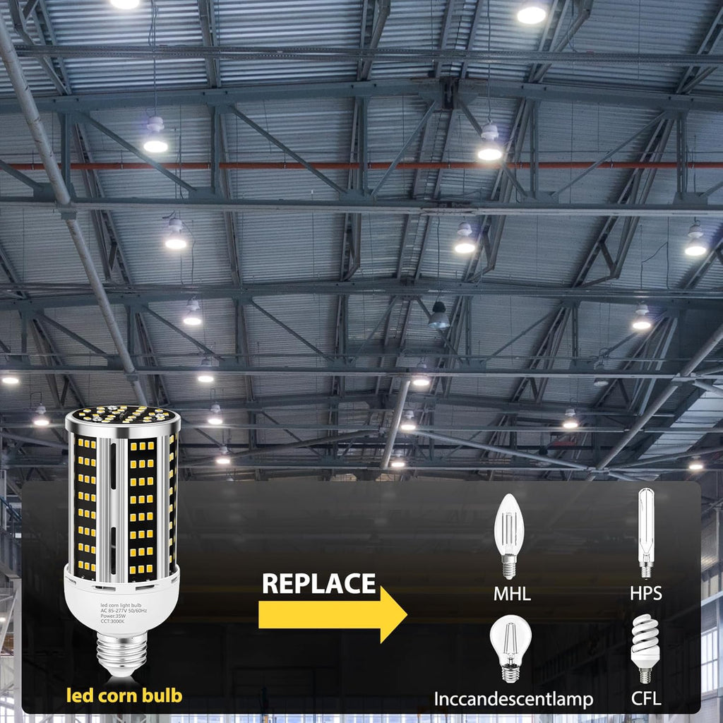 35W 6 pack LED Corn Light Bulb 3000K,(300W Equivalent ) Commercial Grade warm white E26/E39 5000LM Medium Mogul Base LED Lamp,Large Area Lights For Outdoor Indoor Garage Warehouse Factory Bay Light
