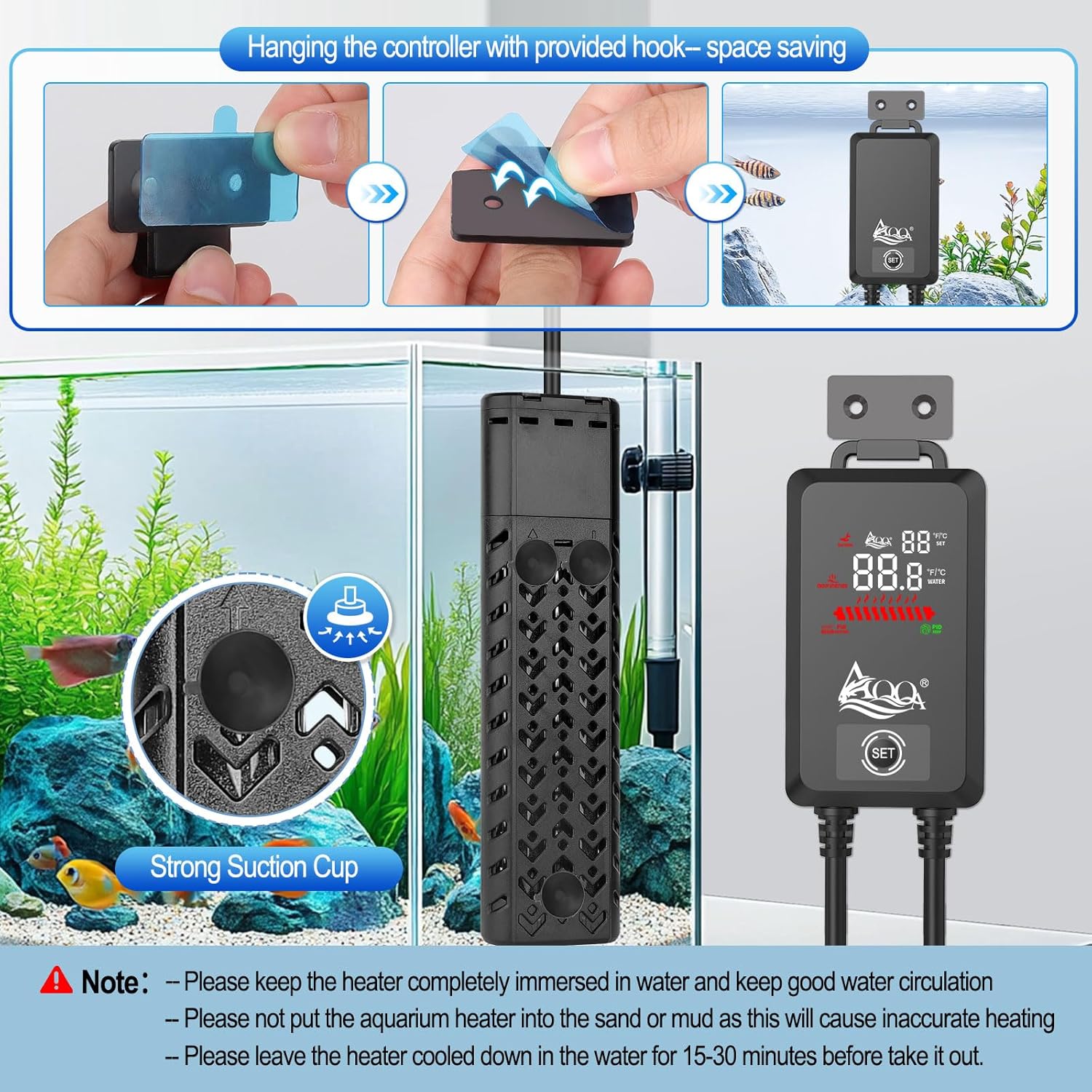 AQQA Fish Tank Heater 1200W for 170-290 Gallon Submersible Aquarium Heater Pond Heater Thermostat Heater with Intelligent Protection System for Freshwater and Saltwater (AQ136-1200W for 170-290Gal)