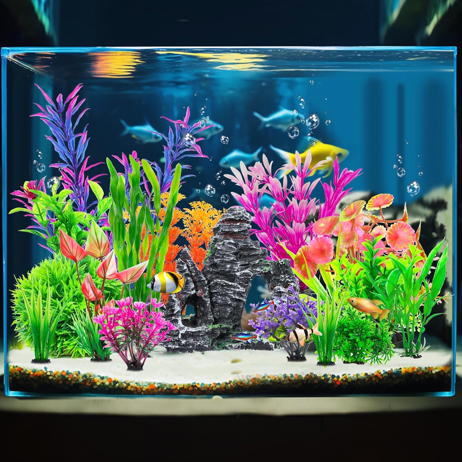 CousDUoBe 16Pcs Aquarium Plants Cave Rock Decor Set& Fish Tank Artificial PlasticPlants,Fish Tank Accessories Small Large Aquarium Decorations Kit