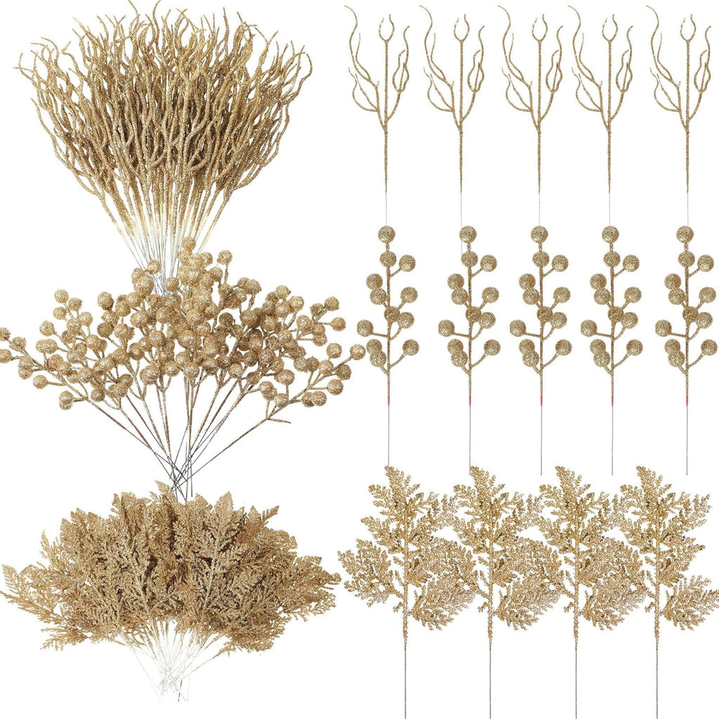 75 Pcs Christmas Glitter Branches 3 Styles Artificial Christmas Picks Berries Stems Pine Needles Floral Twig Spray for Xmas Tree Ornaments DIY Wreath Garland(Light Gold)