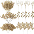 75 Pcs Christmas Glitter Branches 3 Styles Artificial Christmas Picks Berries Stems Pine Needles Floral Twig Spray for Xmas Tree Ornaments DIY Wreath Garland(Light Gold)