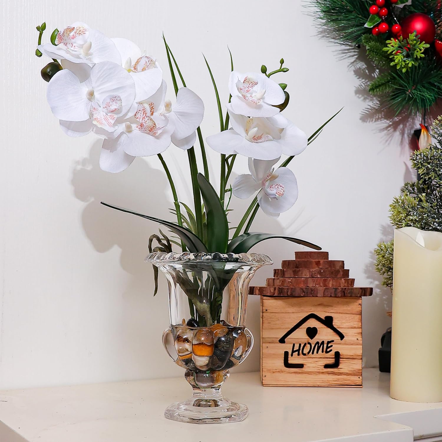 Jusdreen Artificial Orchid Centerpiece with Glass Vase, 14.5 Inch Lifelike Phalaenopsis Bonsai for Home Office Table Decor, White Orchid Arrangement with Potting