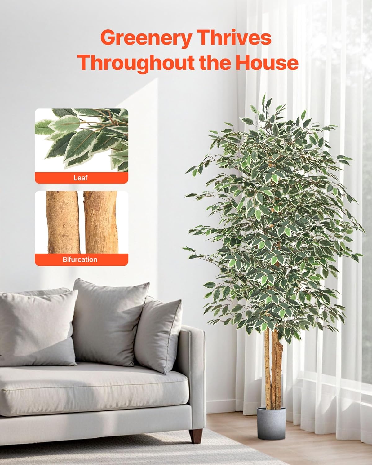 VEVOR 6FT Artificial Ficus Tree with Black Pot, Tall Faux Ficus Plant with Natural Wood Trunk and Realistic Green Leaves, Indoor Fake Silk Tree for Home, Office, Living Room, or Corner Décor