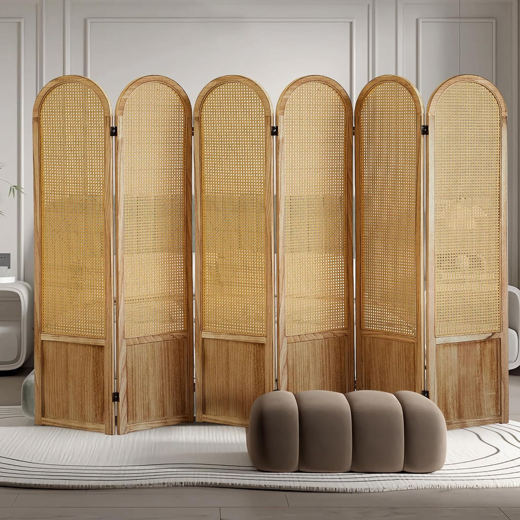 6 Panel Room Dividers and Folding Privacy Screens, Hand-Made Rattan Room Divider with Bi-Directional Hinge, Pre-Assembled Wood Room Divider Wall for Home Office Bedroom, Light Brown
