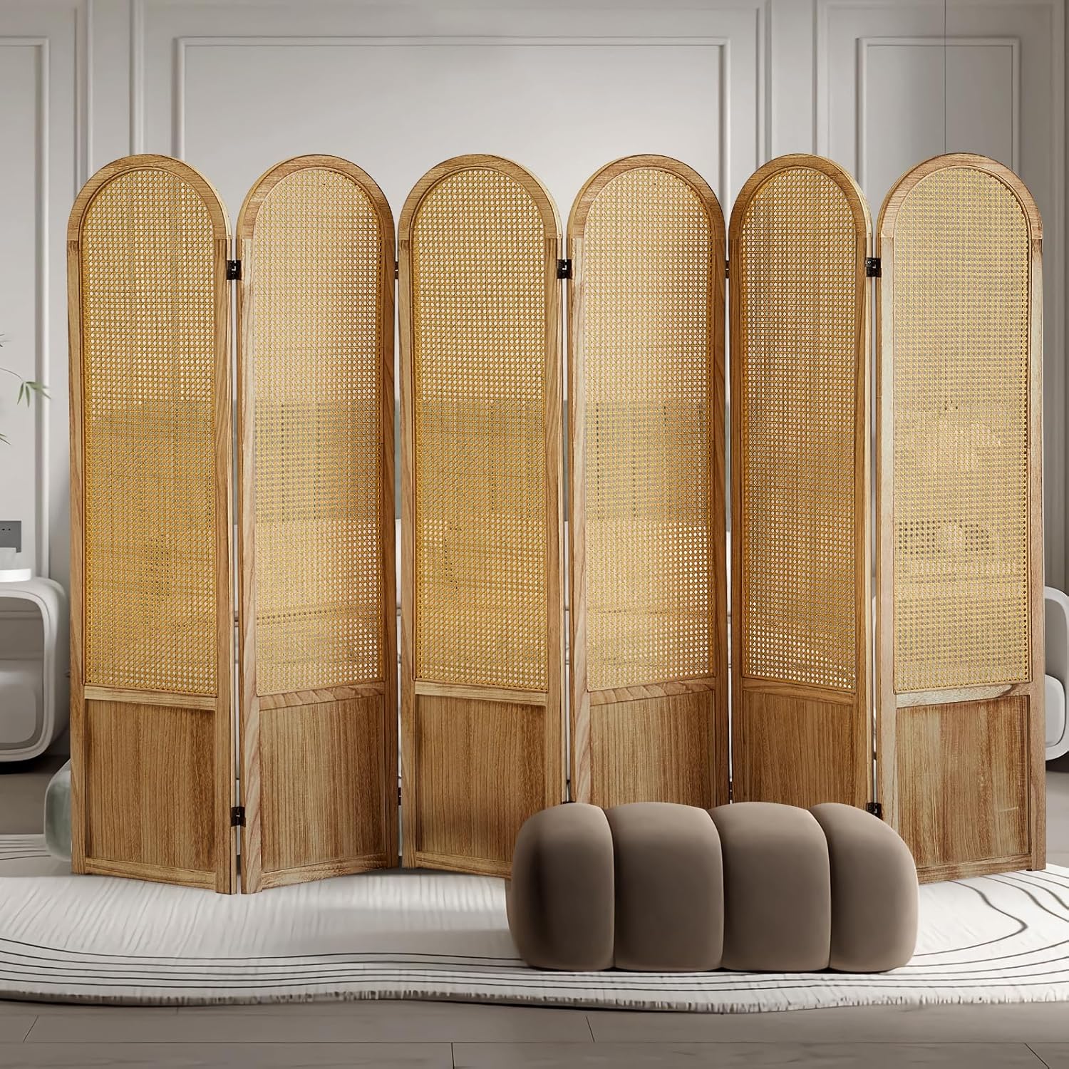 6 Panel Room Dividers and Folding Privacy Screens, Hand-Made Rattan Room Divider with Bi-Directional Hinge, Pre-Assembled Wood Room Divider Wall for Home Office Bedroom, Light Brown