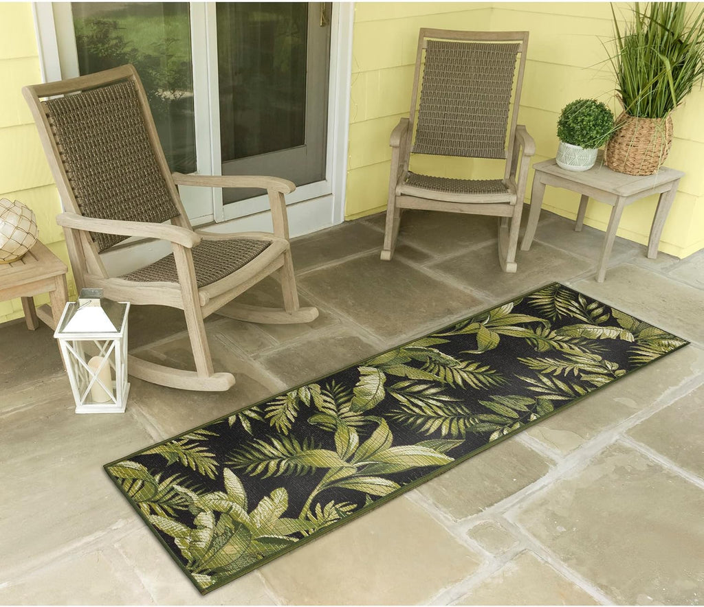 Liora Manne Marina Indoor/Outdoor Power Loomed Synthetic Blend Low Profile Area Rug - Transitional Graphic Botanical Beach Camping (Jungle Leaves Black) (1'11" x 7'6")