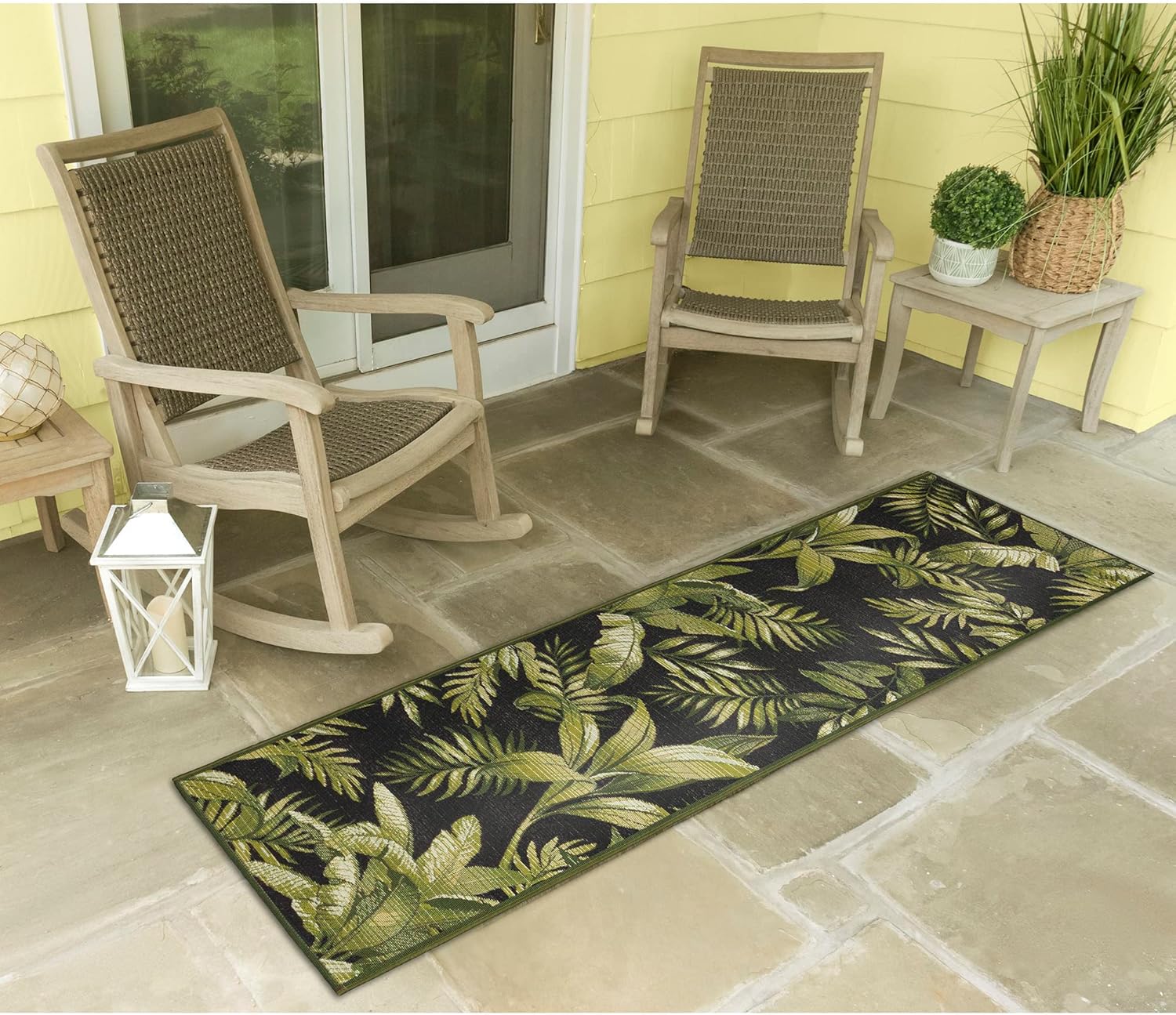 Liora Manne Marina Indoor/Outdoor Power Loomed Synthetic Blend Low Profile Area Rug - Transitional Graphic Botanical Beach Camping (Jungle Leaves Black) (1'11" x 7'6")
