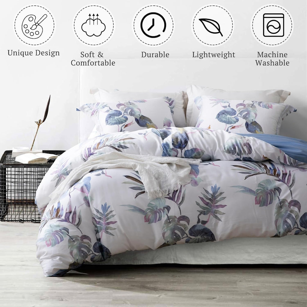 MILDLY 100% Long-Staple Cotton Duvet Cover Set Palm Leaf Pattern Printed Comforter Cover 3pcs, Ultra Soft & Breathable Bedding Set