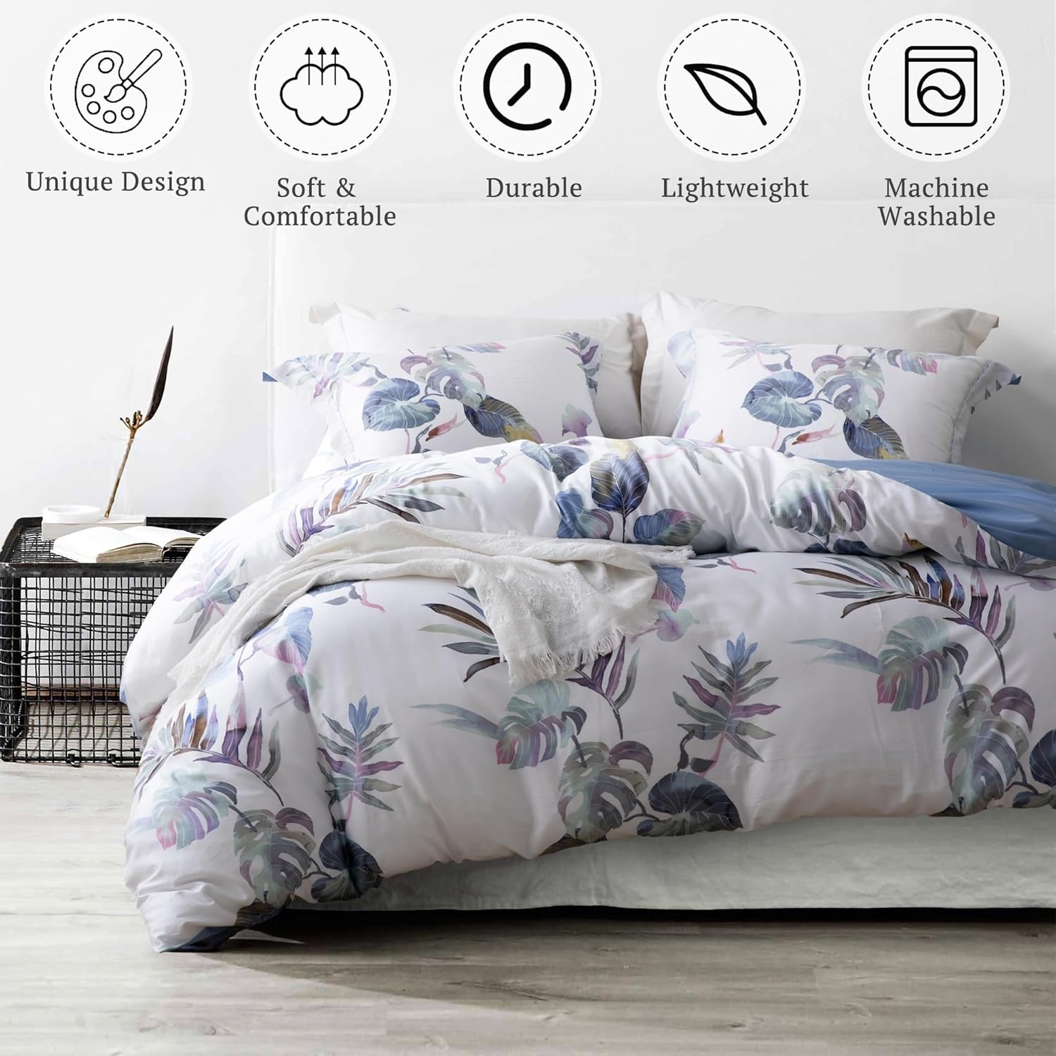 MILDLY 100% Long-Staple Cotton Duvet Cover Set Palm Leaf Pattern Printed Comforter Cover 3pcs, Ultra Soft & Breathable Bedding Set