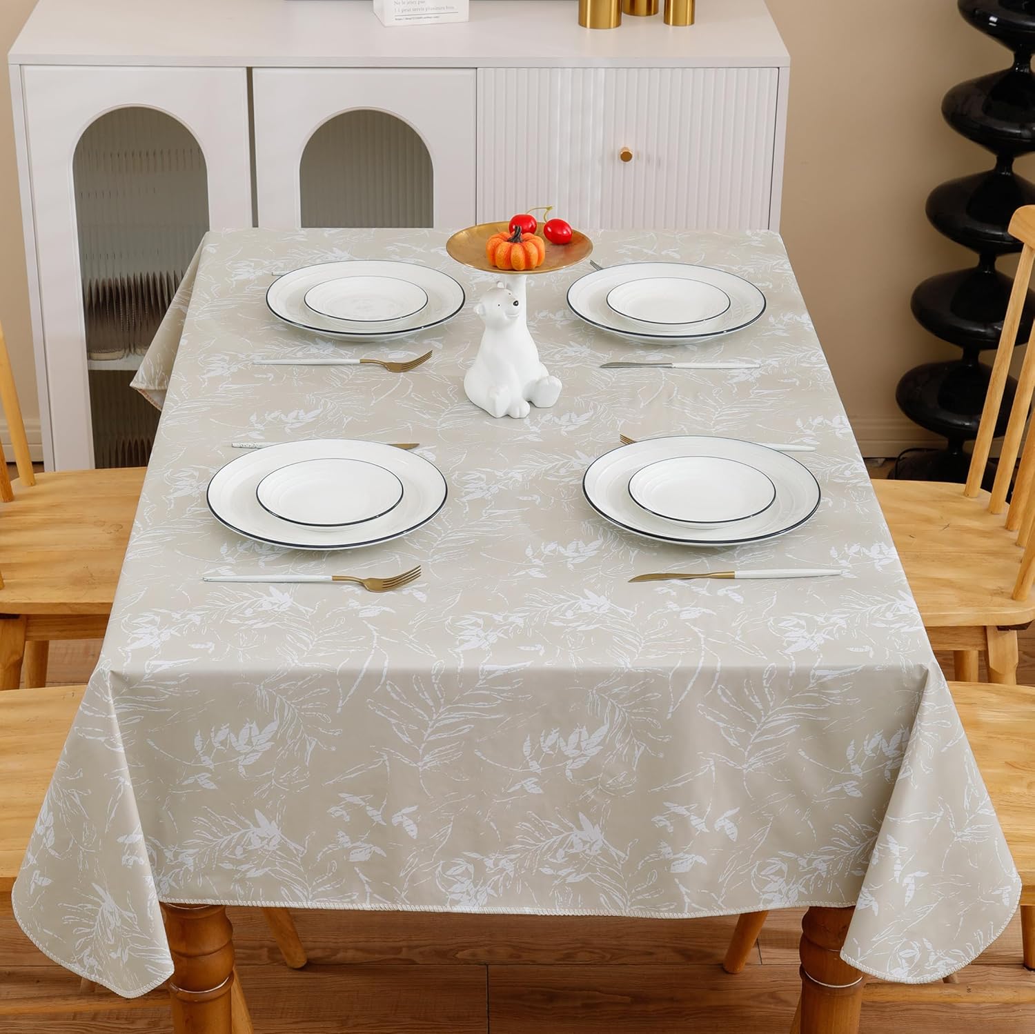 Heavy Duty Vinyl Tablecloth with Flannel Backing Waterproof Oil-Proof Plastic Table Cloth Stain-Resistant Wipeable Rectangle or Square Table Cover for Indoor and Outdoor (Beige Leaf,60x84 Inch)