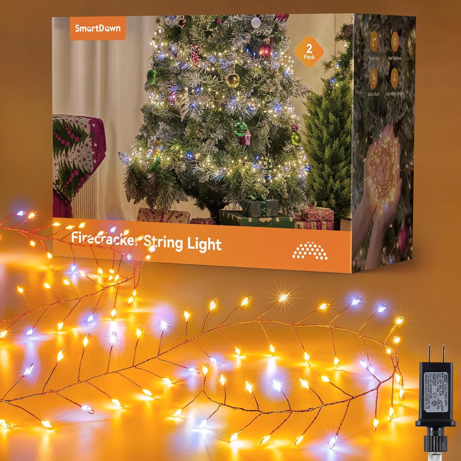 Fairy Lights Plug in, 10ft 200LED Indoor/Outdoor Cluster String Lights - Twinkle Copper Wire Christmas Tree Lights Waterproof for Bedroom Decor, Party, Patio, Garden，2pack