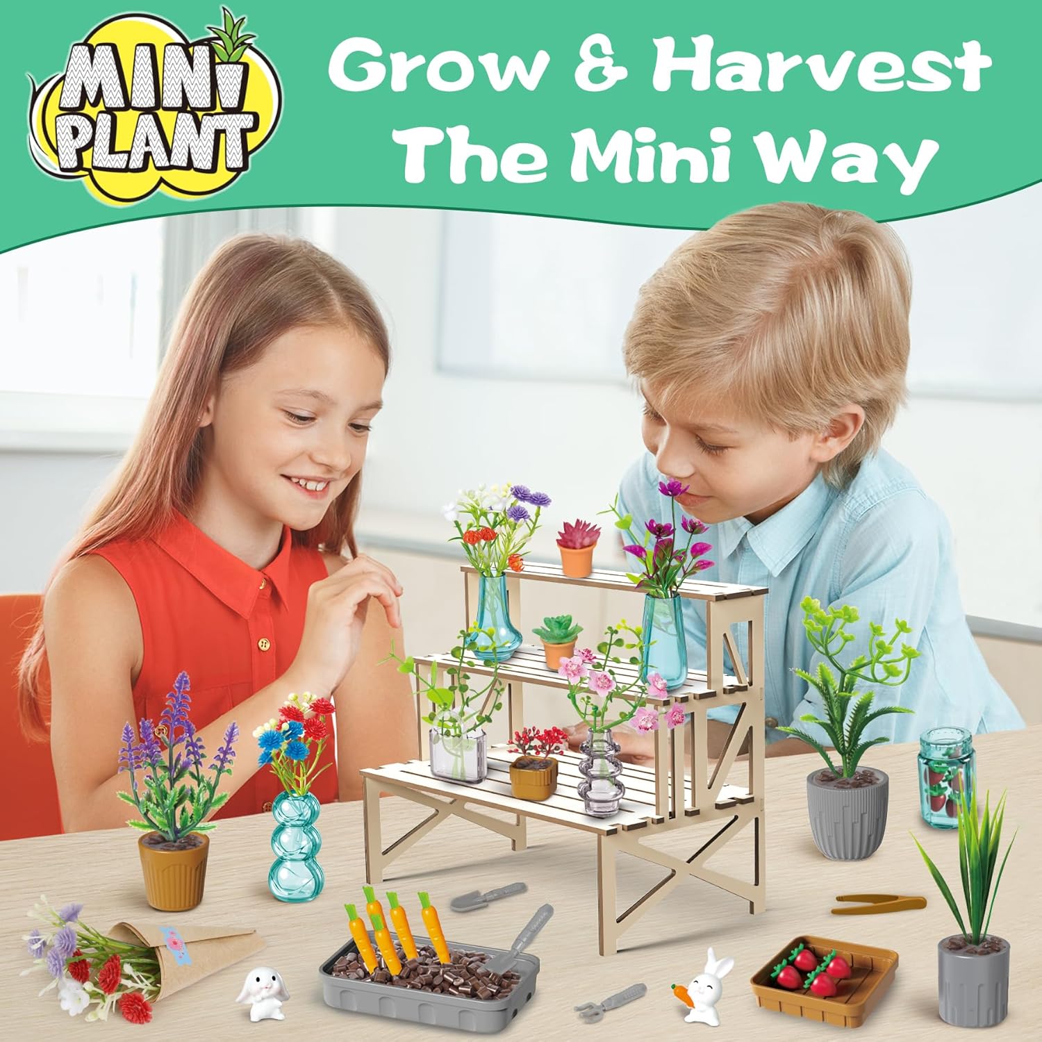 70 PCS Make It Miniature Brands Nature Garden Plants Set, Mini Botanical Collectibles, Tiny Paper Flower Bouquet DIY Craft Kit, with Wood Display Stand, Miniature Toy Gift for Kids and Adults