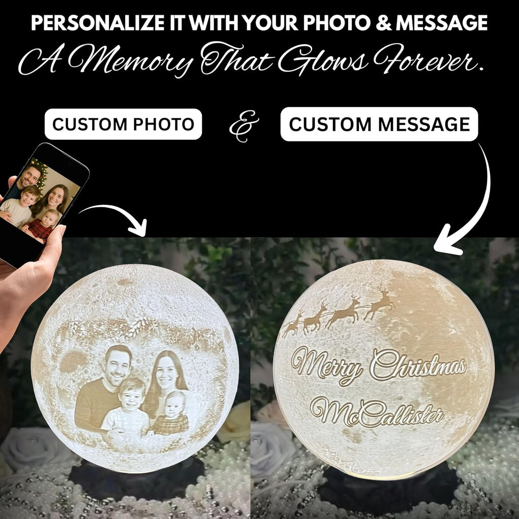 Personalized Christmas Moon Lamp with Custom Photo & Text – Moon Light for Holidays, Christmas Decor, Stocking Stuffers & Family Keepsakes | Christmas Gift for Family, Couples, Kids & Friends