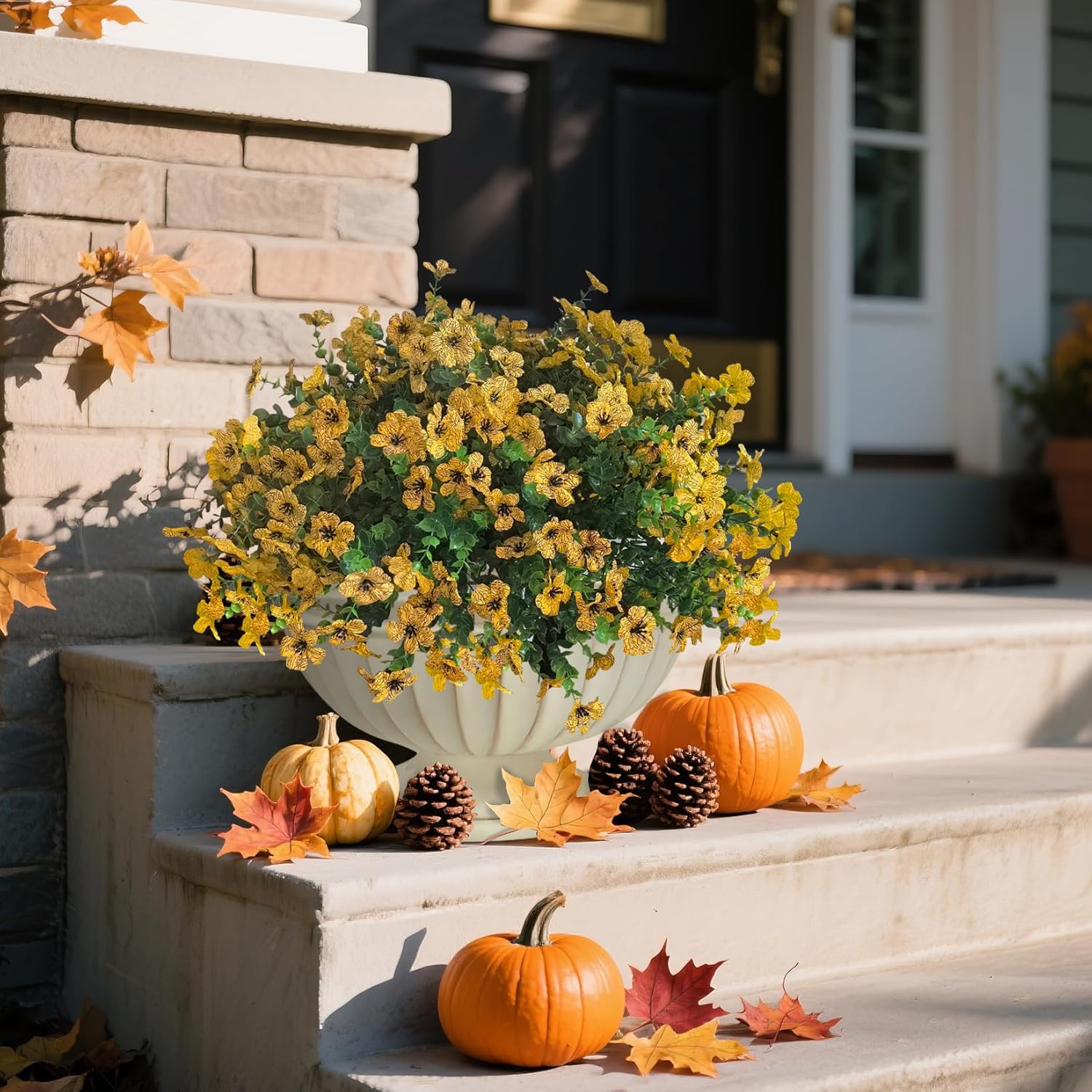 Artificial Fall Flowers Faux Mums for Outdoor Indoor Garden Home Decoration, Faux Flower Daisy with Eucalyptus Leaves Fake Mums Plants Greenery Boxwood Porch Patio, 12 Bundles
