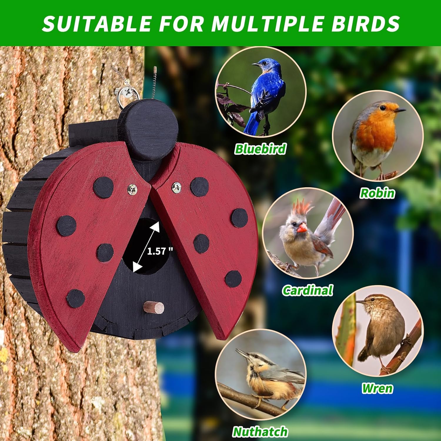 Bird Houses for Outside - Wooden Hanging Bird House - Ladybug-Shaped Birdhouse for Finches, wrens, Cardinals - Outdoors Bluebird Nesting Box - Cute Garden Decor for Wild Birds