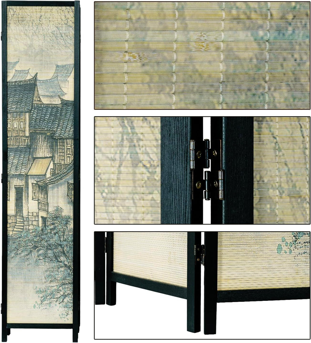 MyGift 6 Panel Room Divider Privacy Partition with Dual-Sided Vintage Asian Water Village Ink Brushed Print Design, 6FT Black Wood Framed Decorative Artwork Folding Screen 94.6''W x 68.9''H