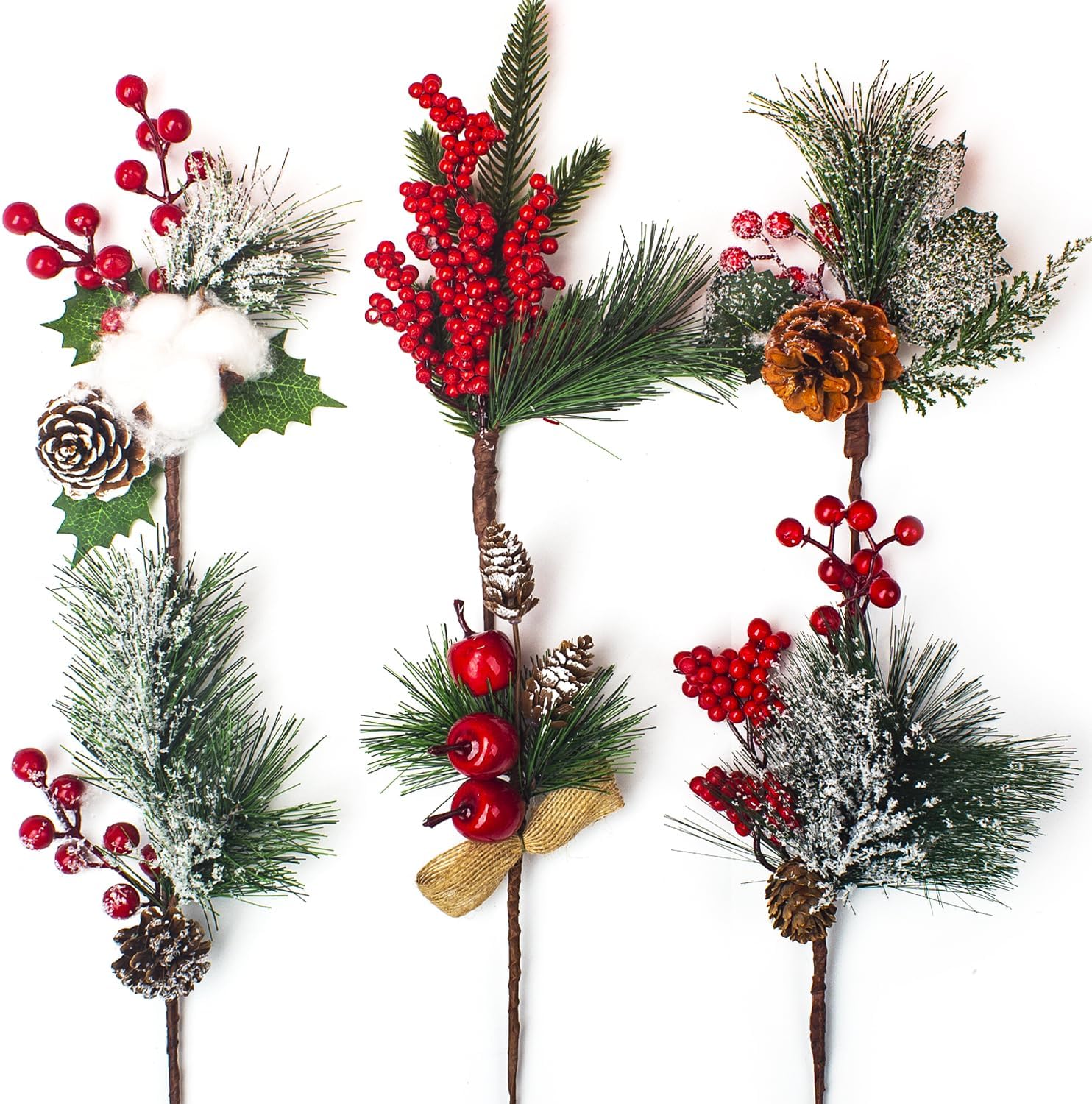 Artificial Pine Picks Christmas Pine Picks Pine Needles Branches with Red Berry Pinecones Berry Branches Fake Berries for Flower Arrangements Wreaths Holiday Xmas Tree Decoration