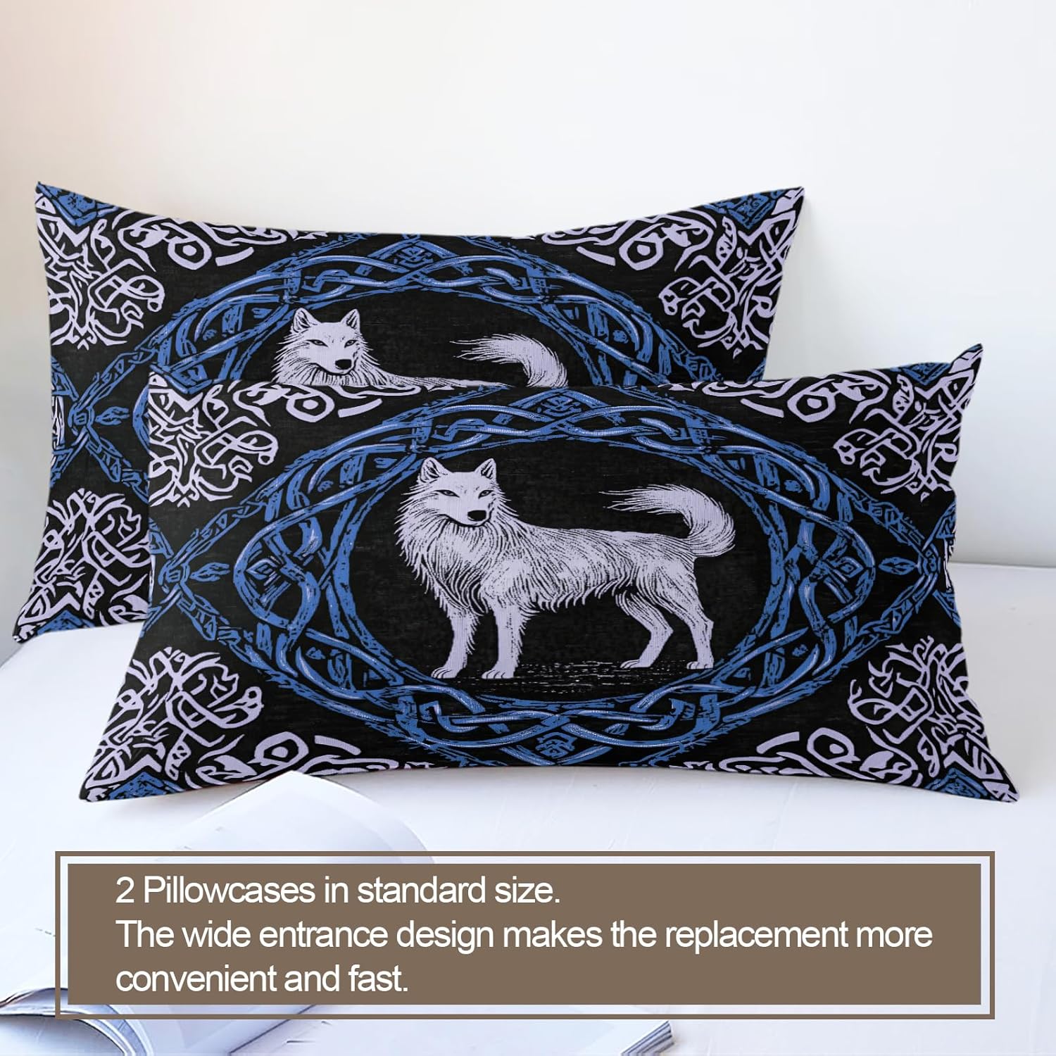 Viking Wolf Duvet Cover Queen Size, Norse Mythology Bedding Set 3 Piece Bedroom Decor Abstract Mid Century Comforter Cover with Zipper Ties & 2 Pillowcases