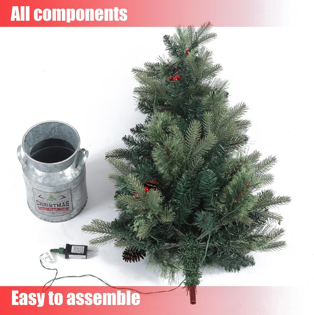 LuxenHome 4FT Small Christmas Tree, Prelit Slim Potted Artificial Christmas Trees with 100 Warm White LED Lights, Realistic Faux Pine Tree with Rustic Metal Pot for Indoor, Outdoor Holiday Decor