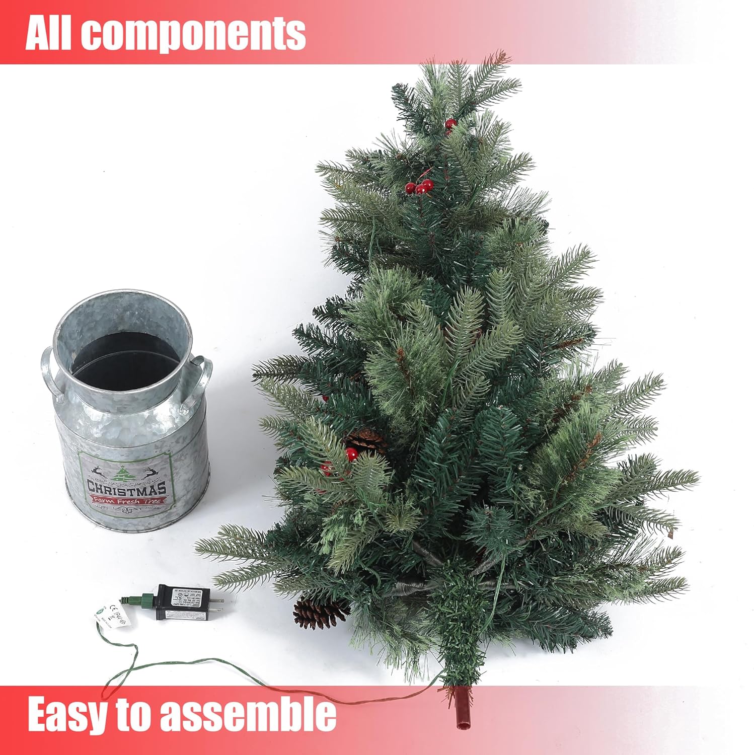 LuxenHome 4FT Small Christmas Tree, Prelit Slim Potted Artificial Christmas Trees with 100 Warm White LED Lights, Realistic Faux Pine Tree with Rustic Metal Pot for Indoor, Outdoor Holiday Decor