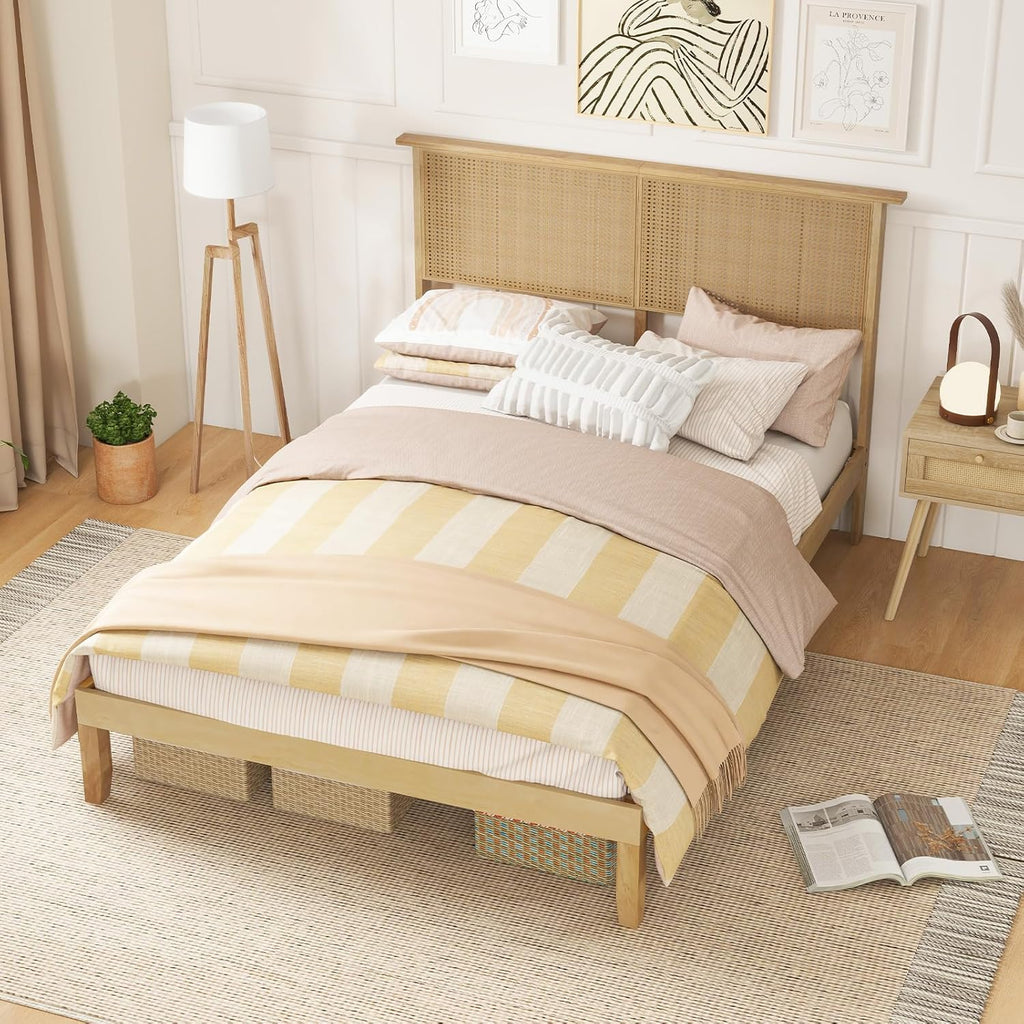 Giantex Rattan Full Bed Frame with Rattan Headboard, Boho Solid Wood Platform Bed with Wooden Slats, 12 Inch Full Size Bed Frame with Storage Underneath, No Box Spring Needed, Natural