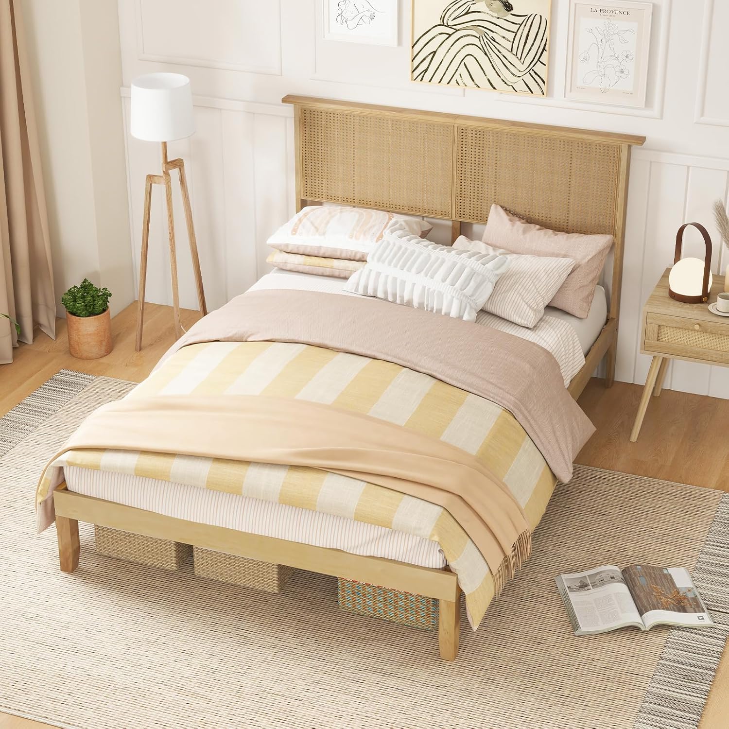 Giantex Rattan Full Bed Frame with Rattan Headboard, Boho Solid Wood Platform Bed with Wooden Slats, 12 Inch Full Size Bed Frame with Storage Underneath, No Box Spring Needed, Natural