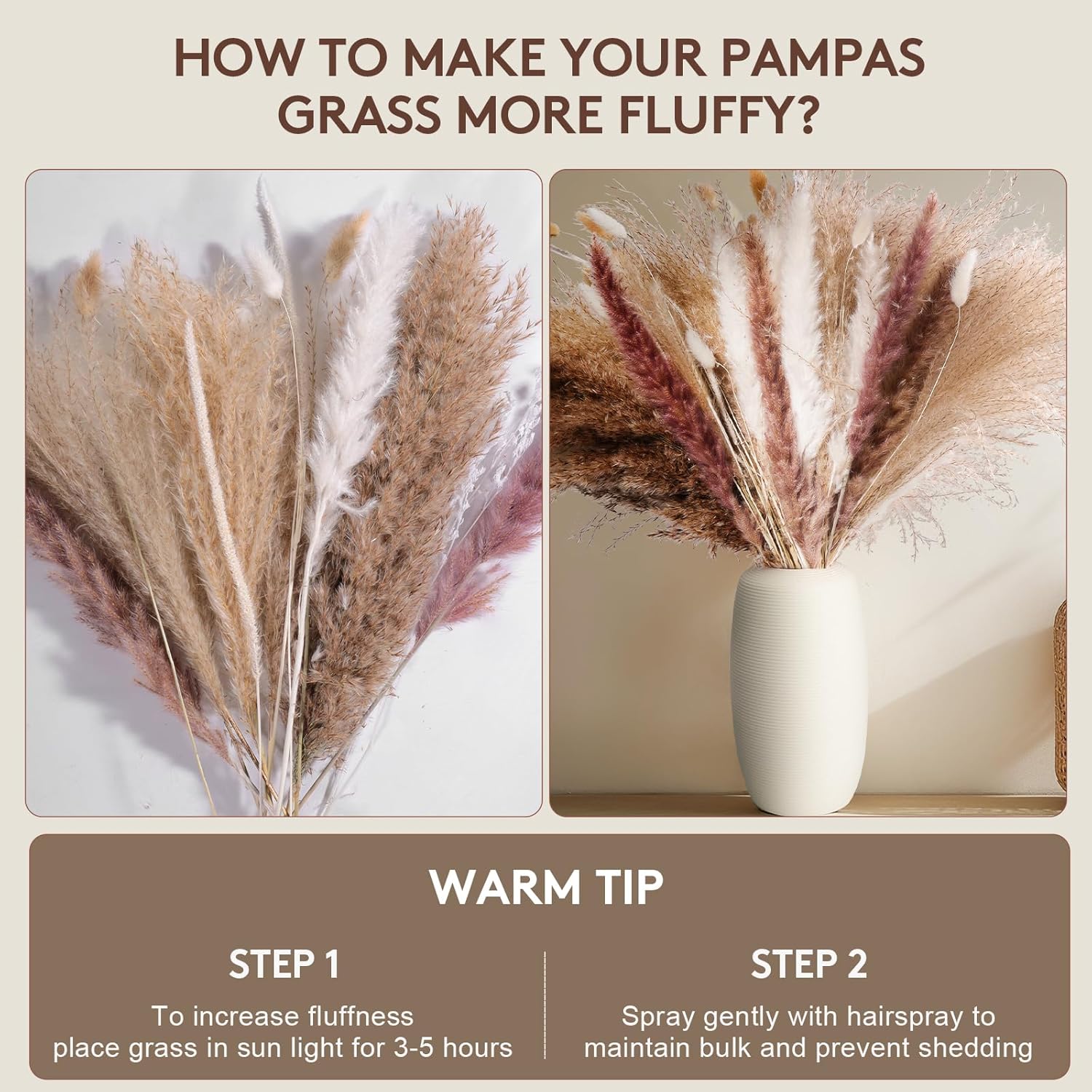 80PCS Dried Pampas Grass Bouquet – Bunny Tails, White Reed & Rustic Florals – Fluffy Donut Vase Filler for Japandi Shelf Styling, Boho Wedding & Neutral Home Decor