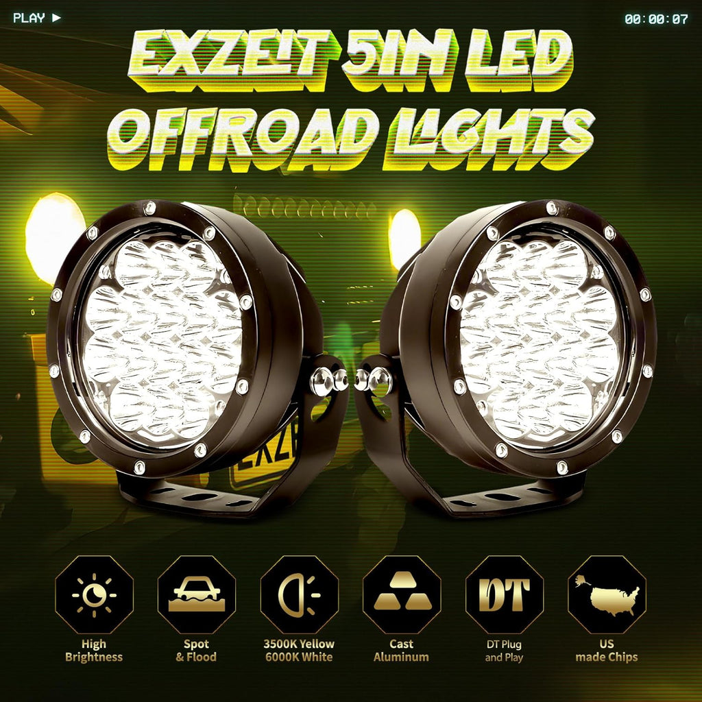 EXZEIT 160W 5 Inch Driving Lights,11200 Lumens Round Fog Lights Offroad Lights for JeepTrucks SUV ATV, Diffuser Covers and Yellow Covers Changeable, 12V/24V