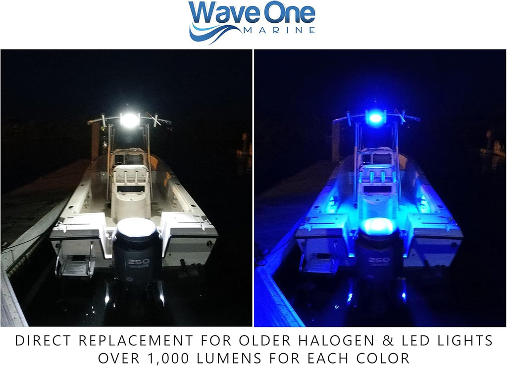 Wave One Marine Dual Color LED FLUSH Mount Spreader Light | Boat Deck Flood Beam | Stainless Hardware | IP68 Waterproof | High Lumen | 12-24 Volt DC Input (BLACK)