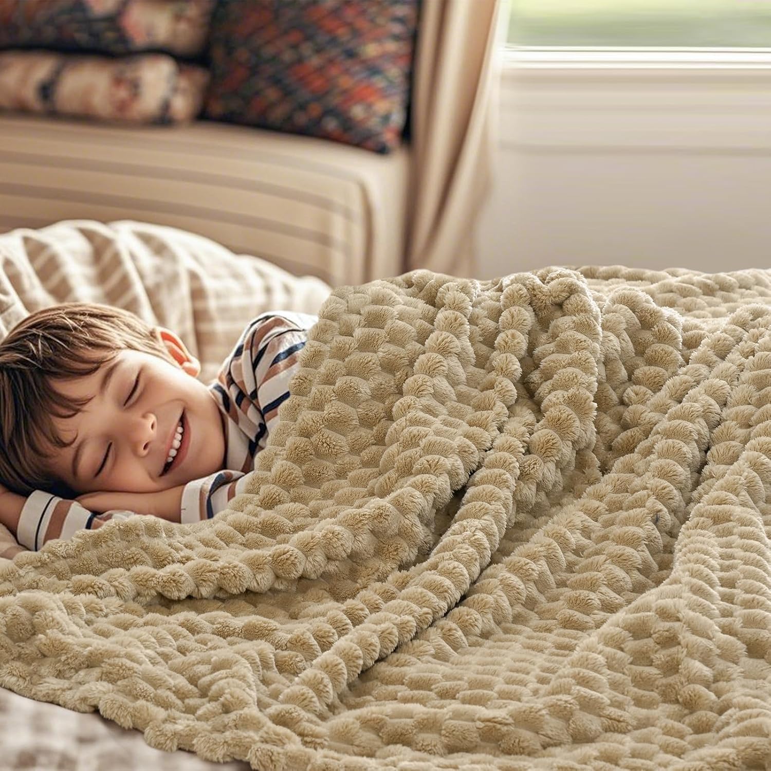 PHF Ultra Soft Flannel Fleece Throw Blanket, Lightweight 3D Jacquard Fleece Blanket, No Shedding, No Pilling, Luxury 340GSM Fluffy Cozy Throws for Couch Room Decor, 50"x60", Khaki