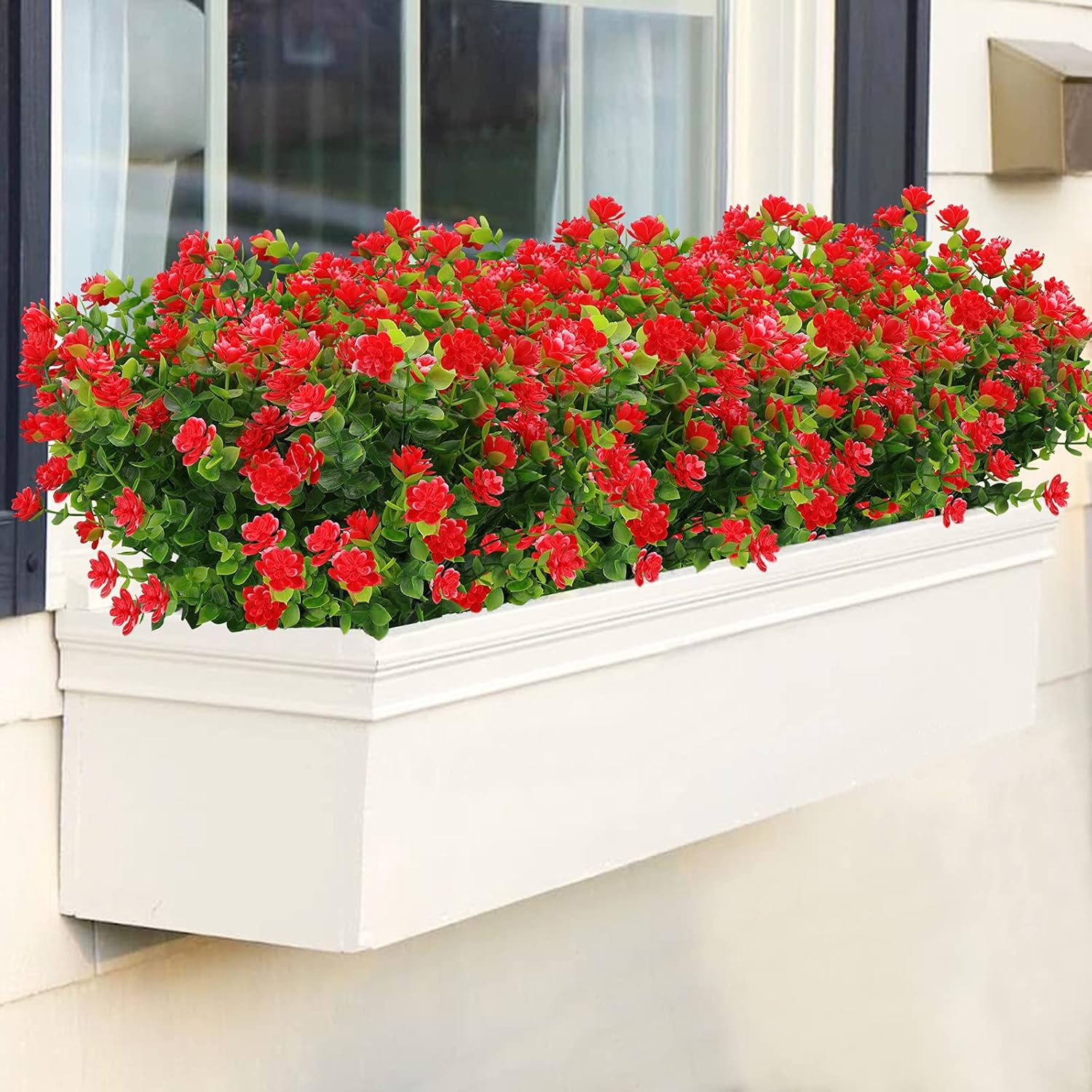 GREENRAIN Artificial Flowers Outdoor Fake Flowers for Decoration UV Resistant No Fade Faux Plastic Plants Garden Porch Window Box Décor (18 Bundles, 6#Red)