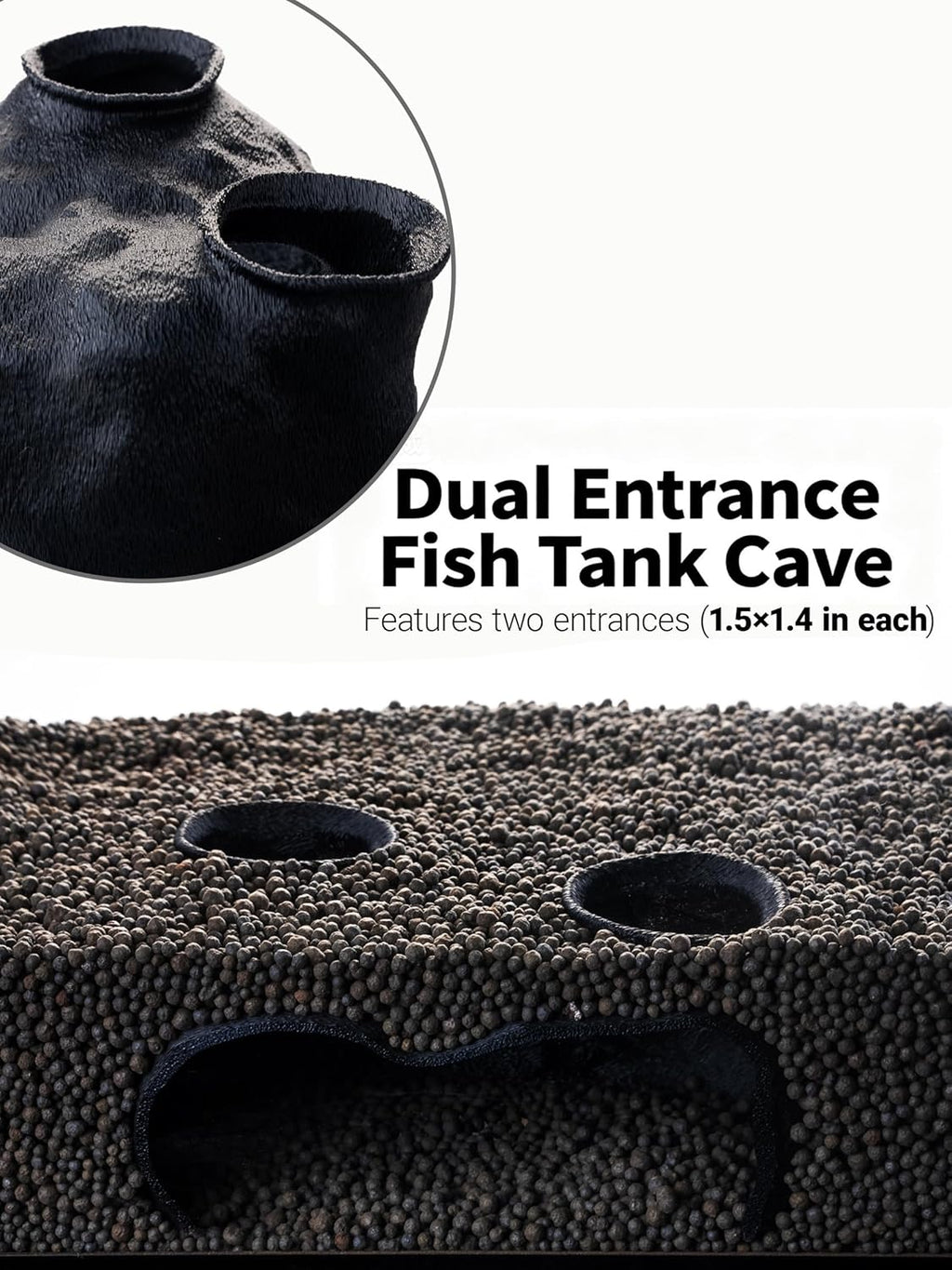 Dual-Entrance Rock-Texture Cave – Fish Tank Shelter & Aquarium Decor with 2 Tunnels, 6×3.4×2.3in (Black)