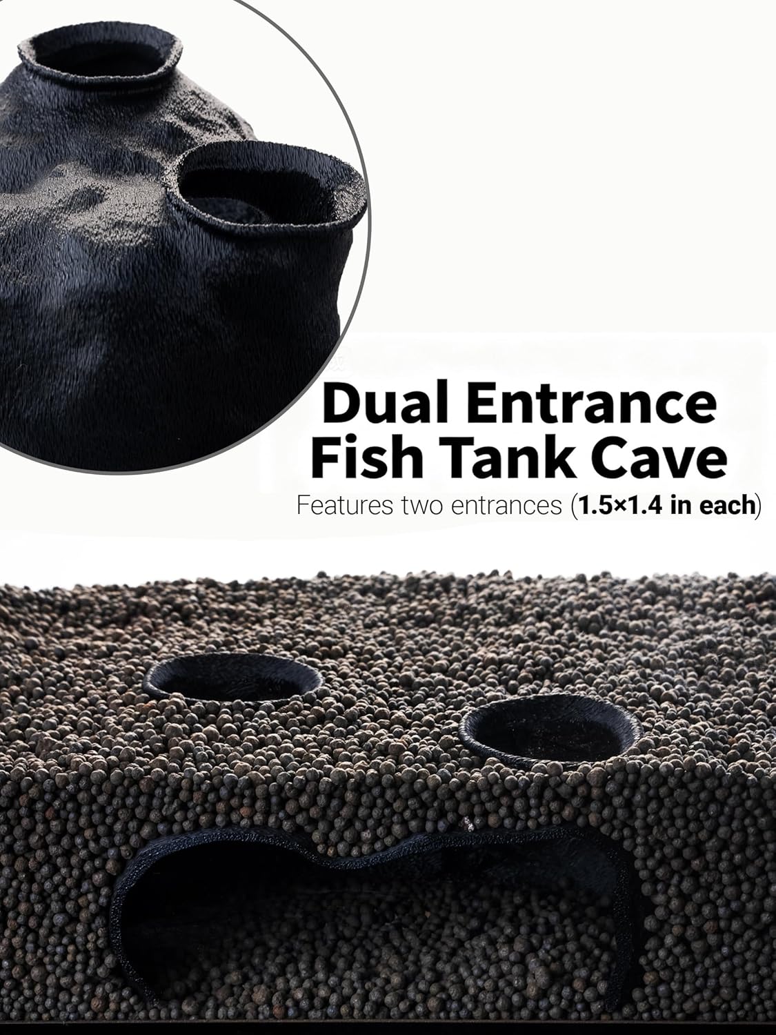 Dual-Entrance Rock-Texture Cave – Fish Tank Shelter & Aquarium Decor with 2 Tunnels, 6×3.4×2.3in (Black)