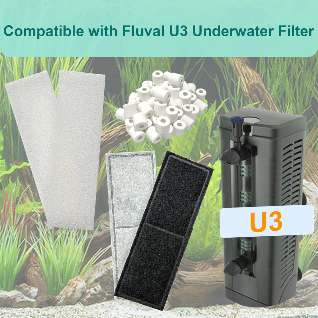 2 Set Aquarium Filter Media Compatible with Fluval U3 Underwater Filter, Include 4 Carbon Foam Filter Pads, 4 Sponge Filters and 1 Ceramic Ring, Fit for Freshwater and Saltwater Aquariums