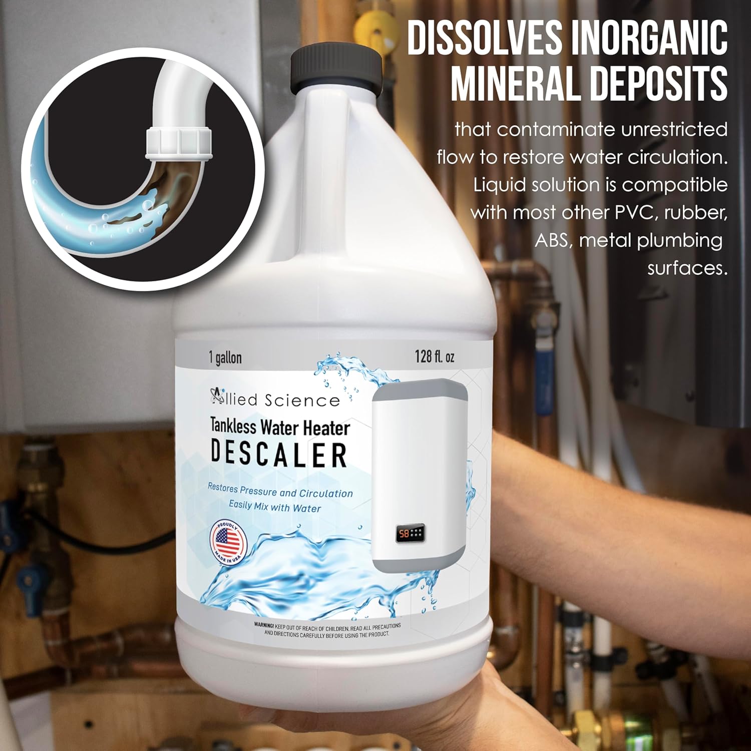 Tankless Water Heater Flushing Kit with Square 5-Gallon Bucket, Steel Hoses, 1/6 HP Pump, and Gallon Eco-Friendly Descaler
