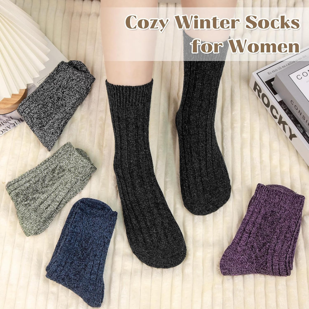 Justay 5 Pairs Wool Socks for Women - Winter Thick Boot Cozy Crew Vintage Soft Calf Knit Warm Socks Gifts