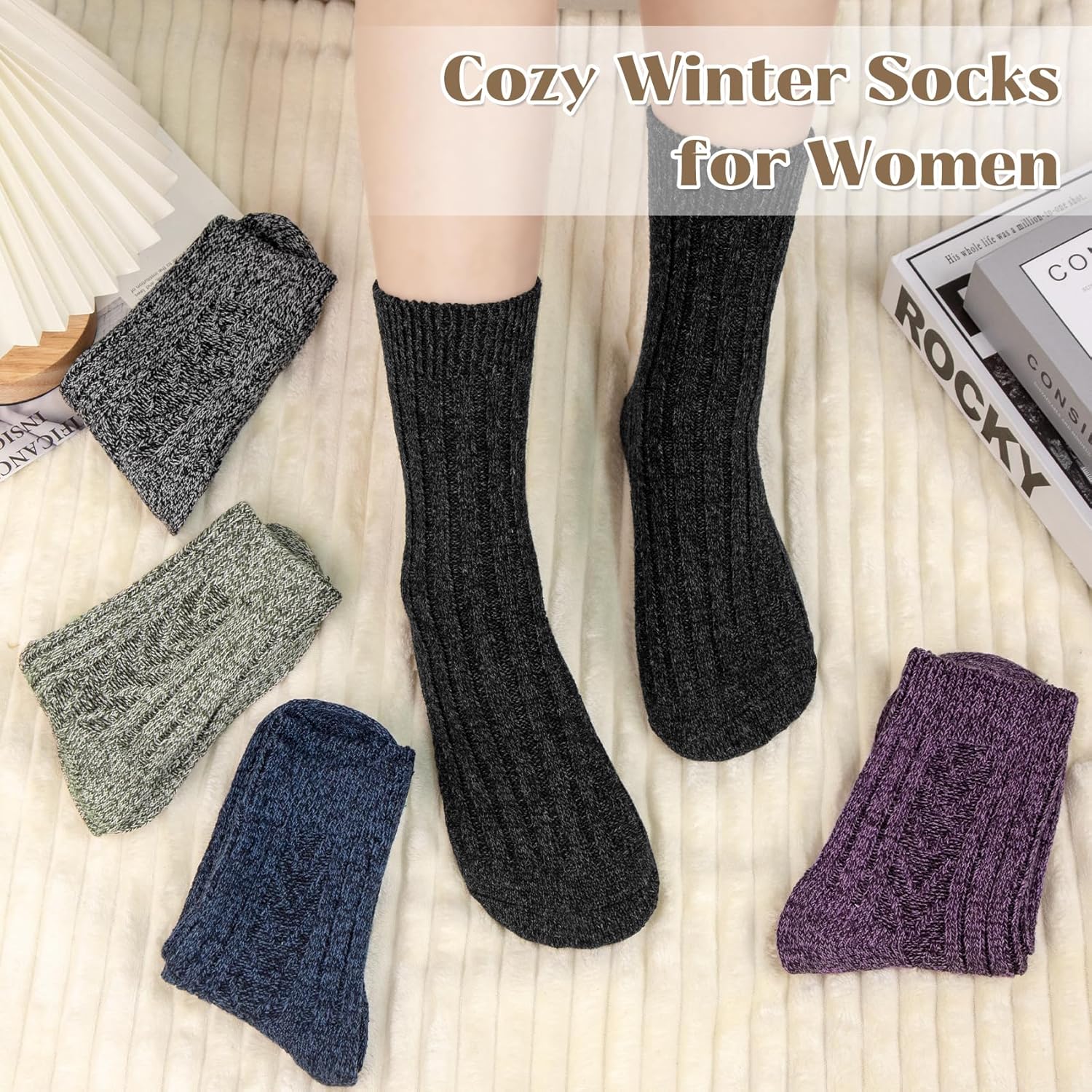 Justay 5 Pairs Wool Socks for Women - Winter Thick Boot Cozy Crew Vintage Soft Calf Knit Warm Socks Gifts