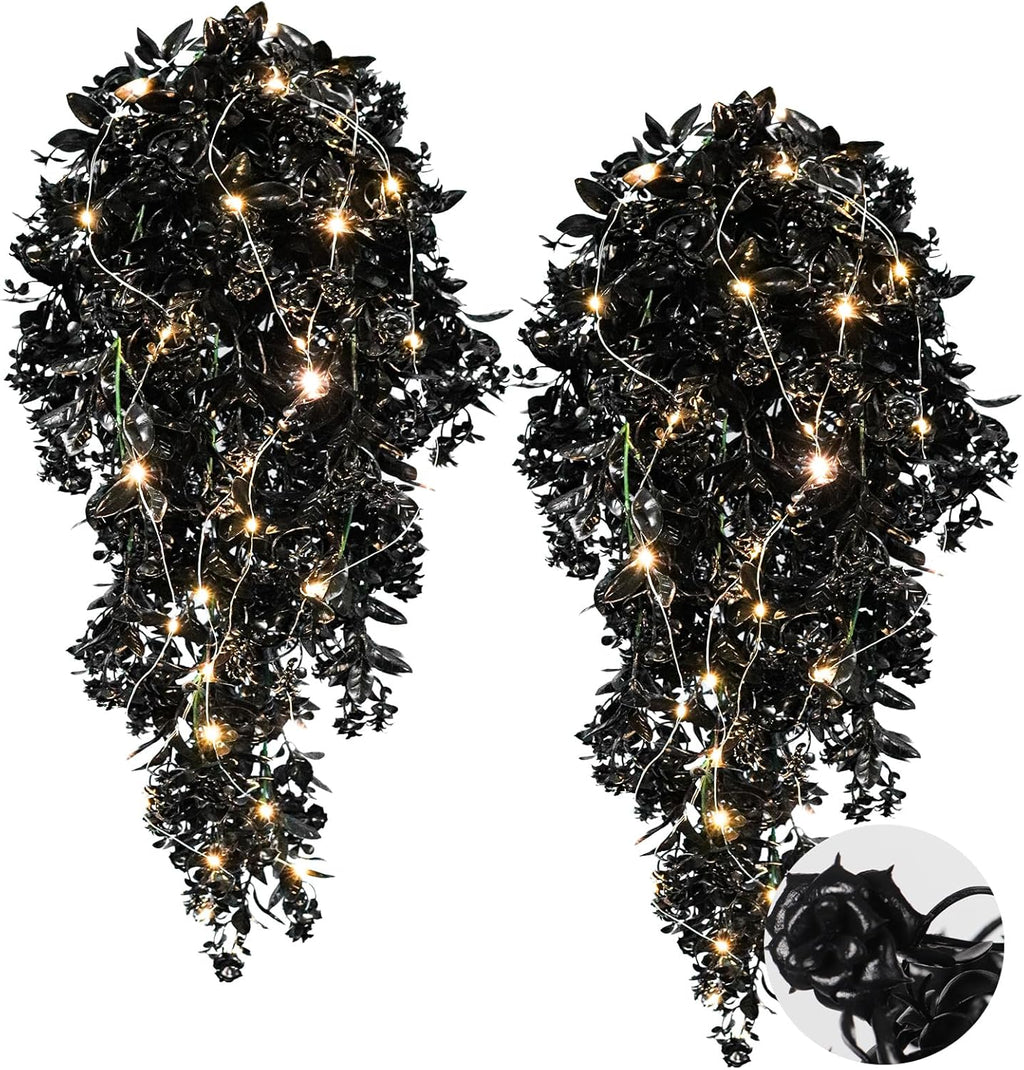 RECUTMS Black Fake Hanging Plants Realistic Artificial Hanging Plants Outdoor with LED String Lamps Hanging Leaves Vines Plastic Rose Flowers All Year Round Decor for Halloween (Black)