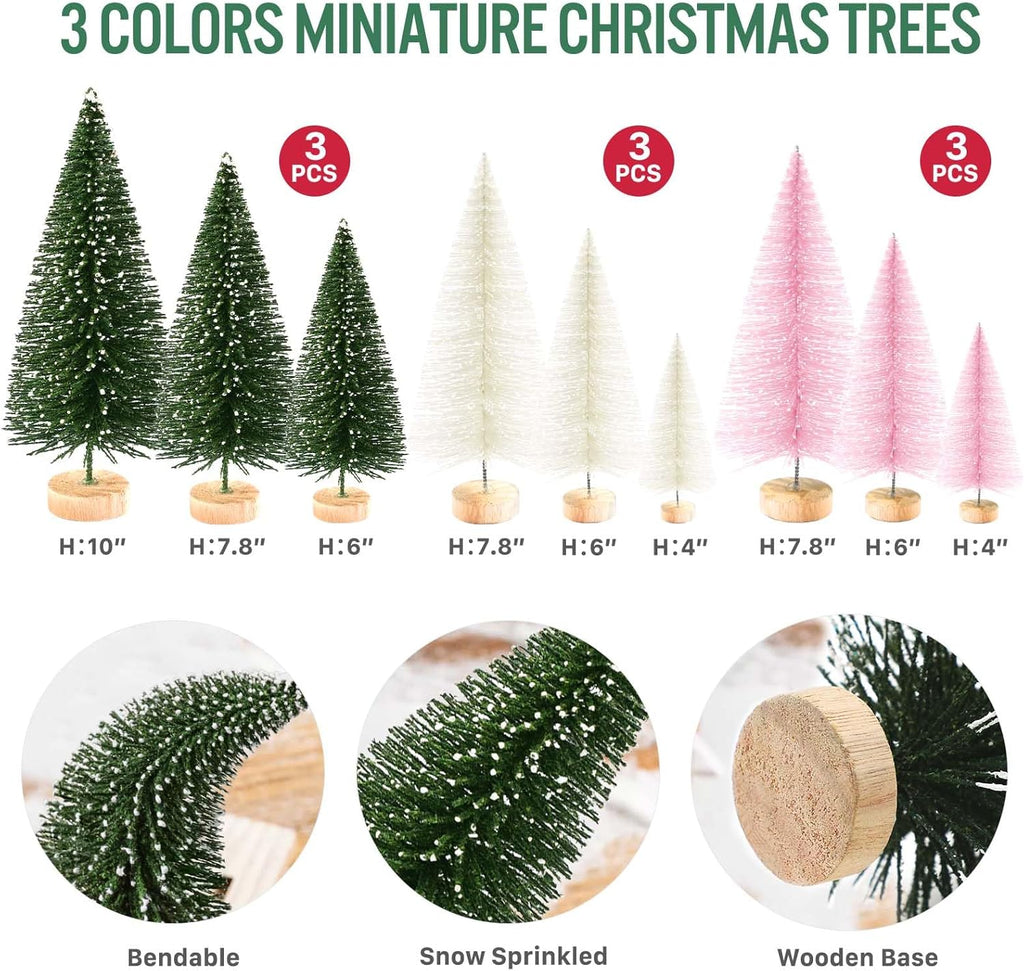 9Pcs Mini Christmas Trees Christmas Decor Artificial Christmas Decorations with 4 Sizes, Christmas Tree Bottle Brush Trees Christmas Table Decorations (Green Beige Pink)