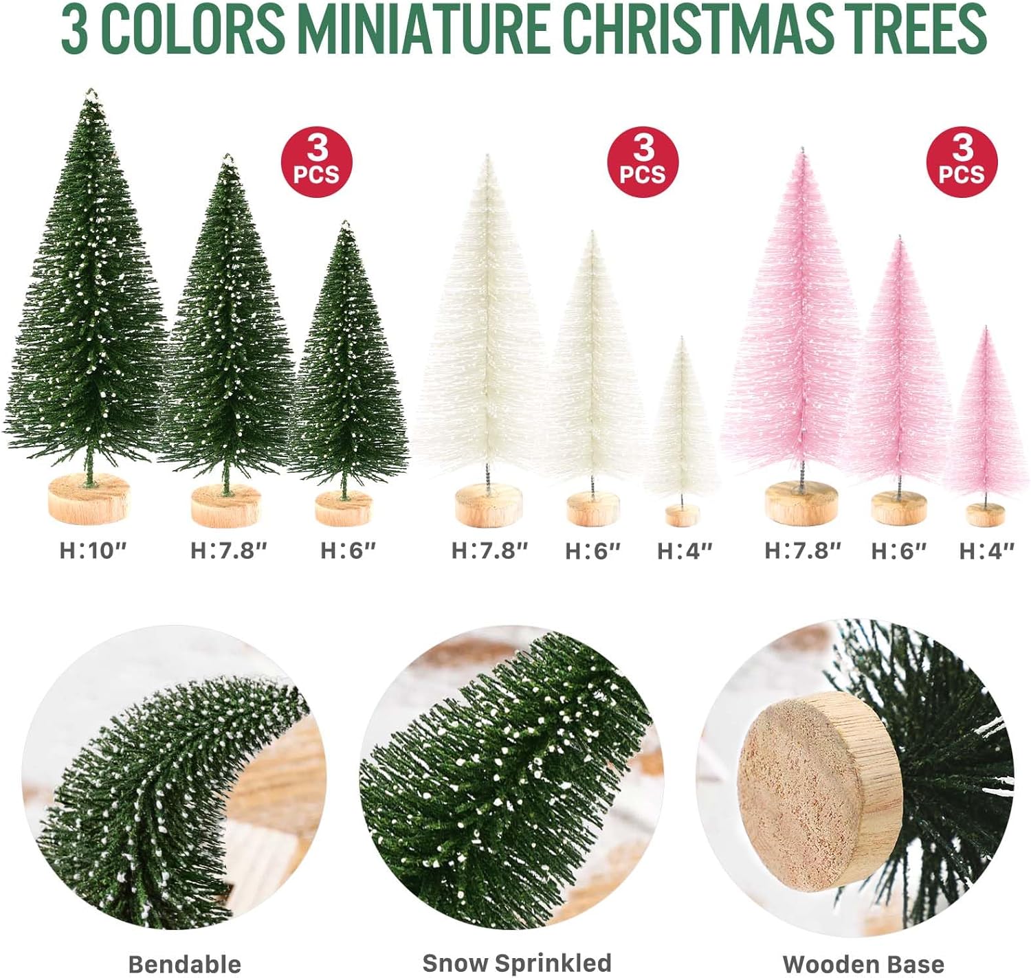 9Pcs Mini Christmas Trees Christmas Decor Artificial Christmas Decorations with 4 Sizes, Christmas Tree Bottle Brush Trees Christmas Table Decorations (Green Beige Pink)