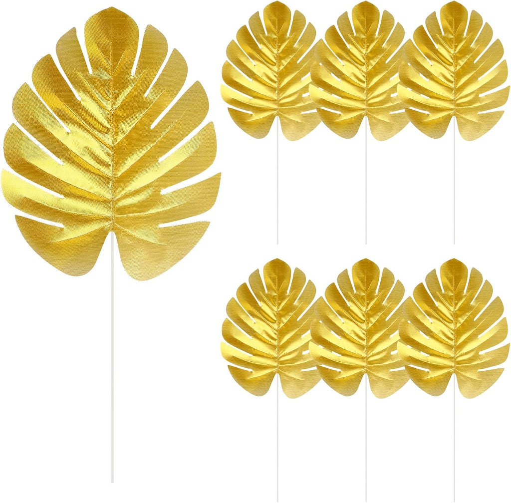 KIMOBER 24PCS Artificial Gold Palm Leaves, Golden Faux Tropical Monstera Leaves Realistic Artificial Plants Leaf for Home Hawaiian Luau Party Jungle Beach Decorations