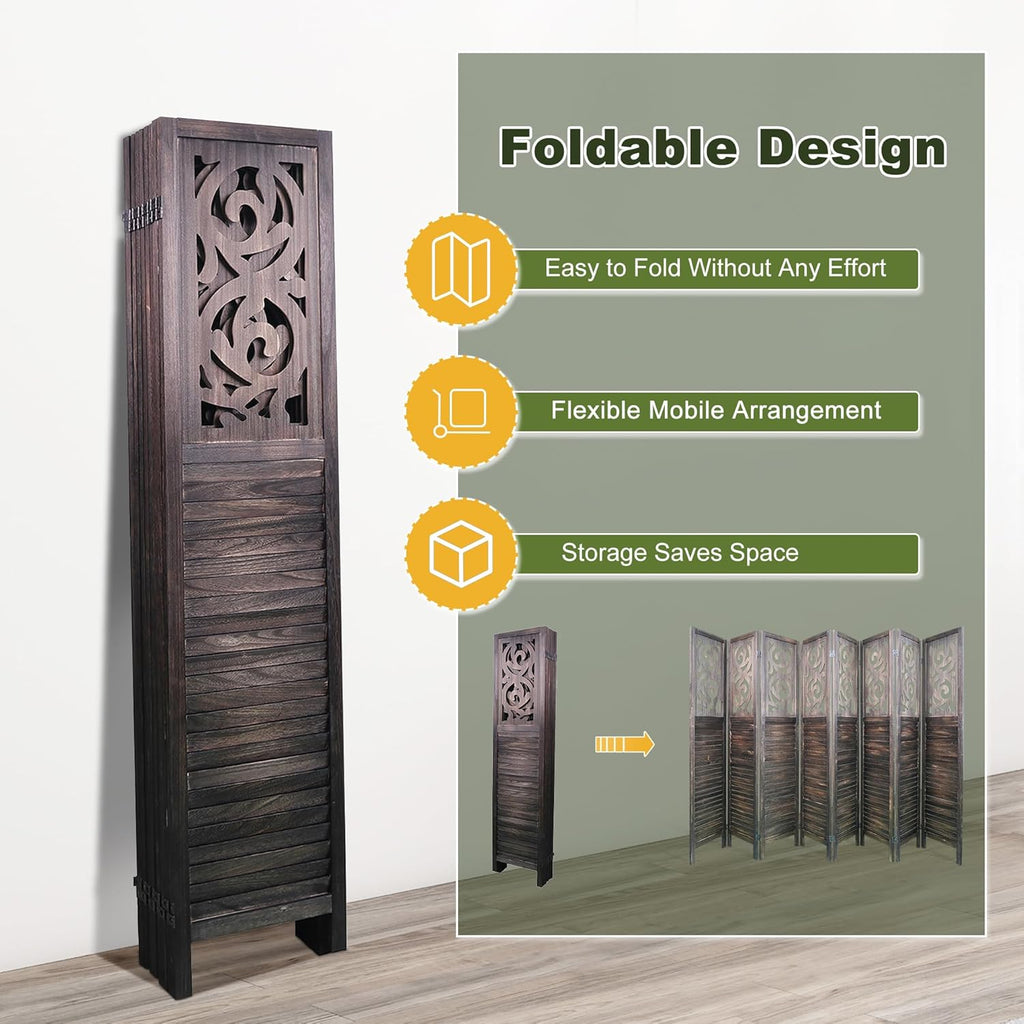 NicBex 8 Panel Room Divider 5.6FT Wood Carved Room Dividers, Folding Privacy Screens Portable Freestanding Partition Wall Dividers for Home Bedroom Office, Rustic Brown